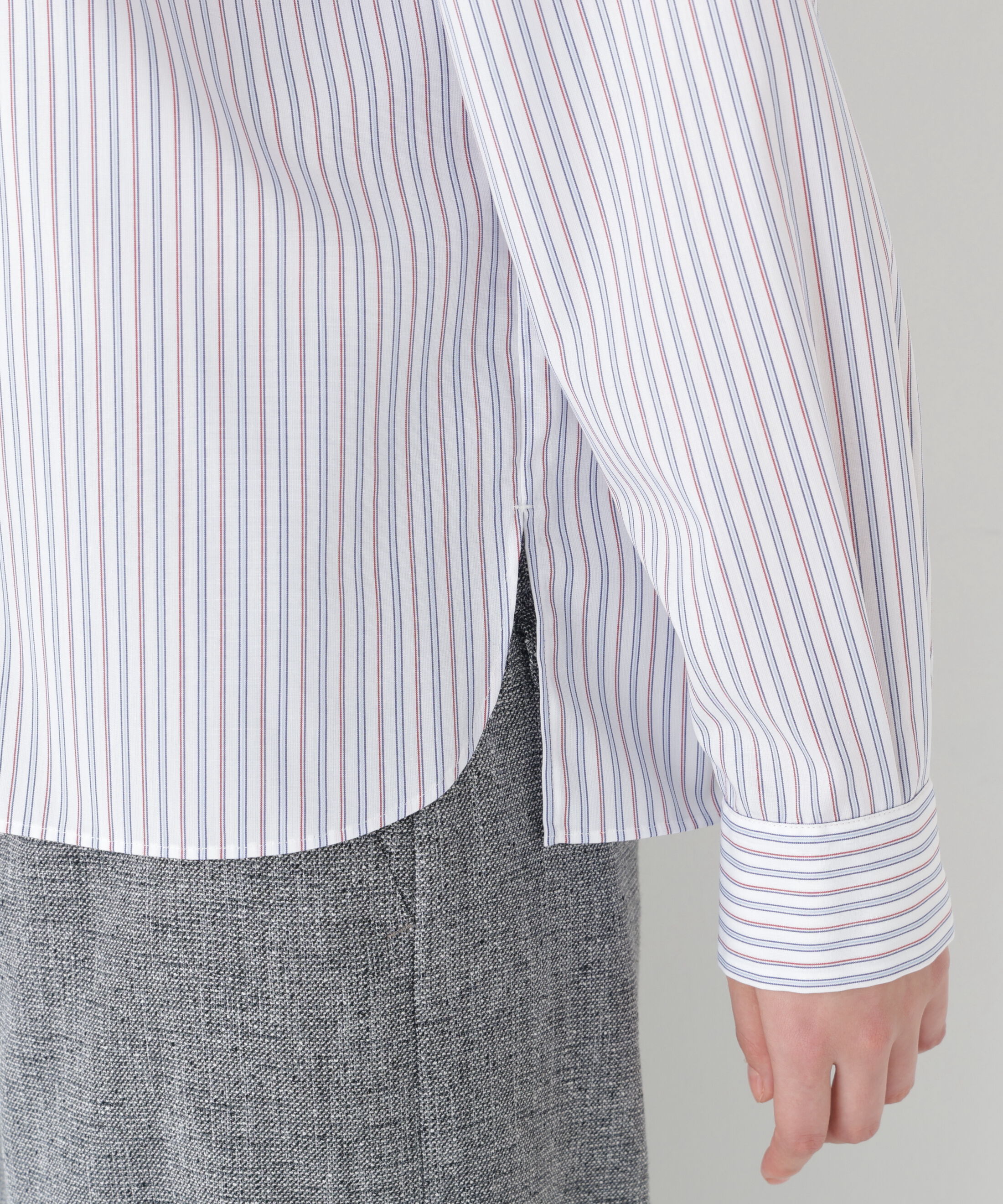  「◆《ウォッシャブル》先染めストライプスタンドフリルブラウス」|シャツ・ブラウス|