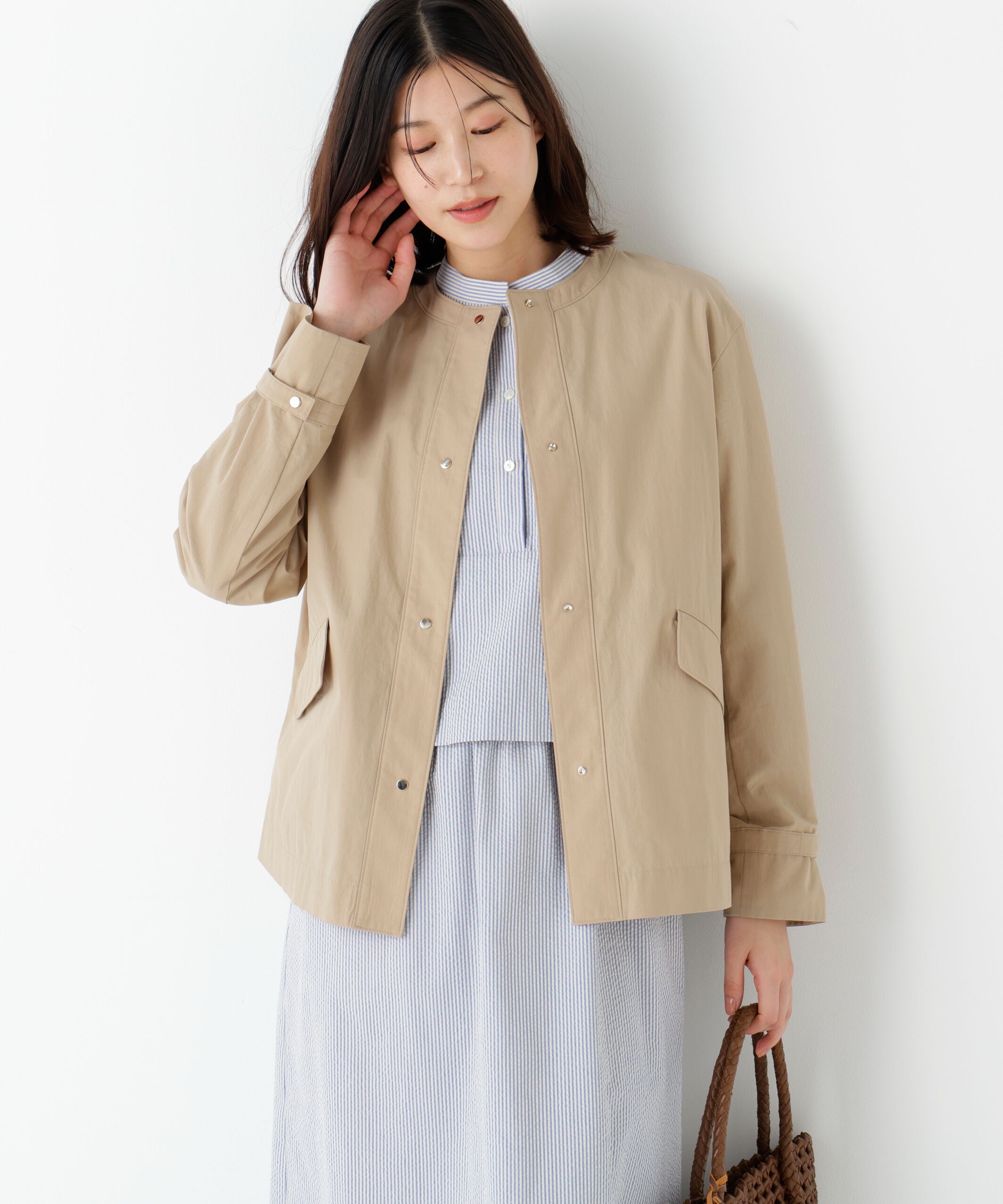  「◆《ウォッシャブル》綿ナイロンダンプノーカラージャケット」|ブルゾン・スタジャン|ベージュ