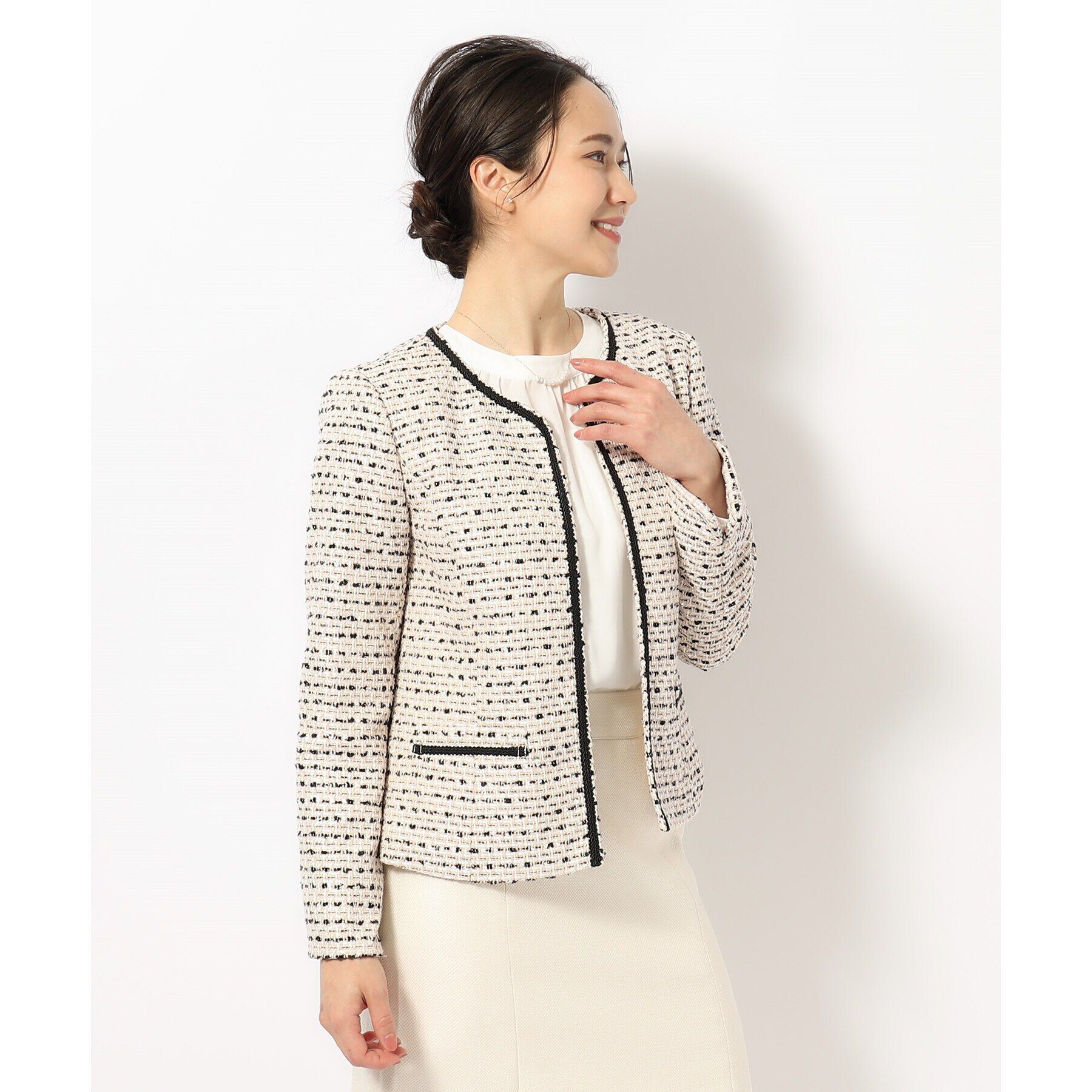SHOO･LA･RUE「【S-5L】ネオリッチツイードジャケット」|ノーカラージャケット|