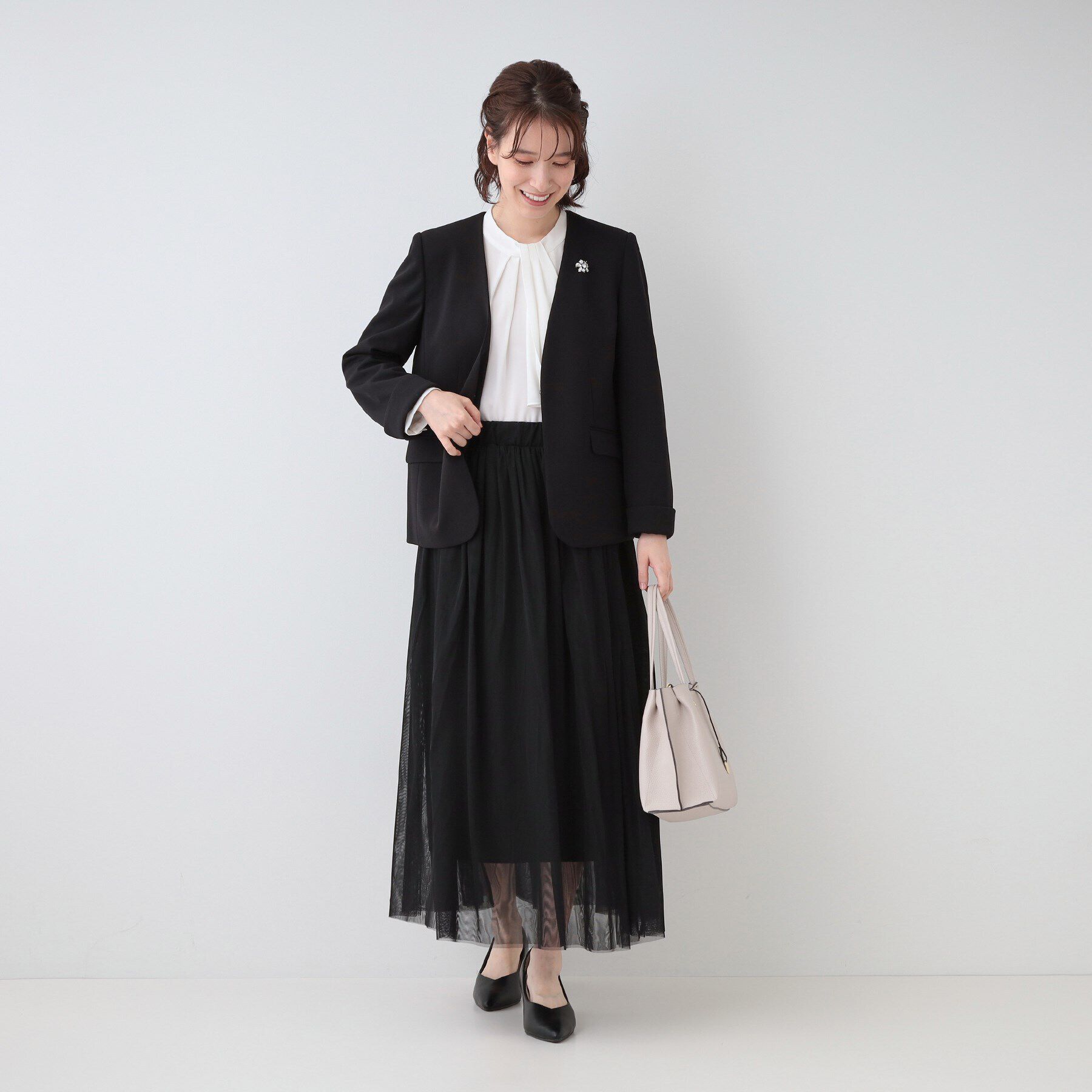 SHOO･LA･RUE「【洗える/S-3L/セットアップ可】セレモニーや通勤に カットジョーゼット Vネックジャケット」|ノーカラージャケット|