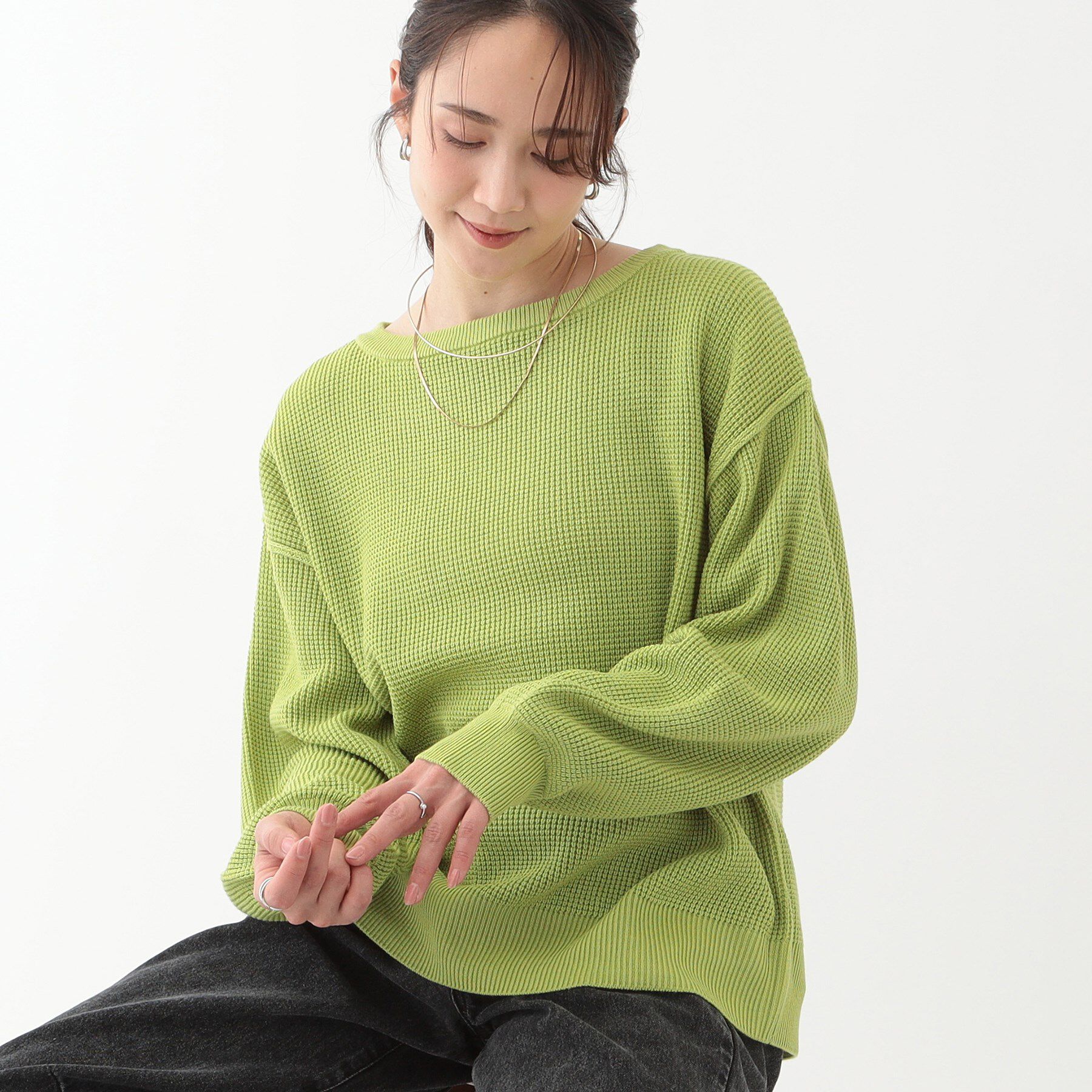 SHOO･LA･RUE「【洗える/S-LL】ワッフル編みが魅力な ドロップショルダーニット」|ニット・セーター|ミントグリーン(02