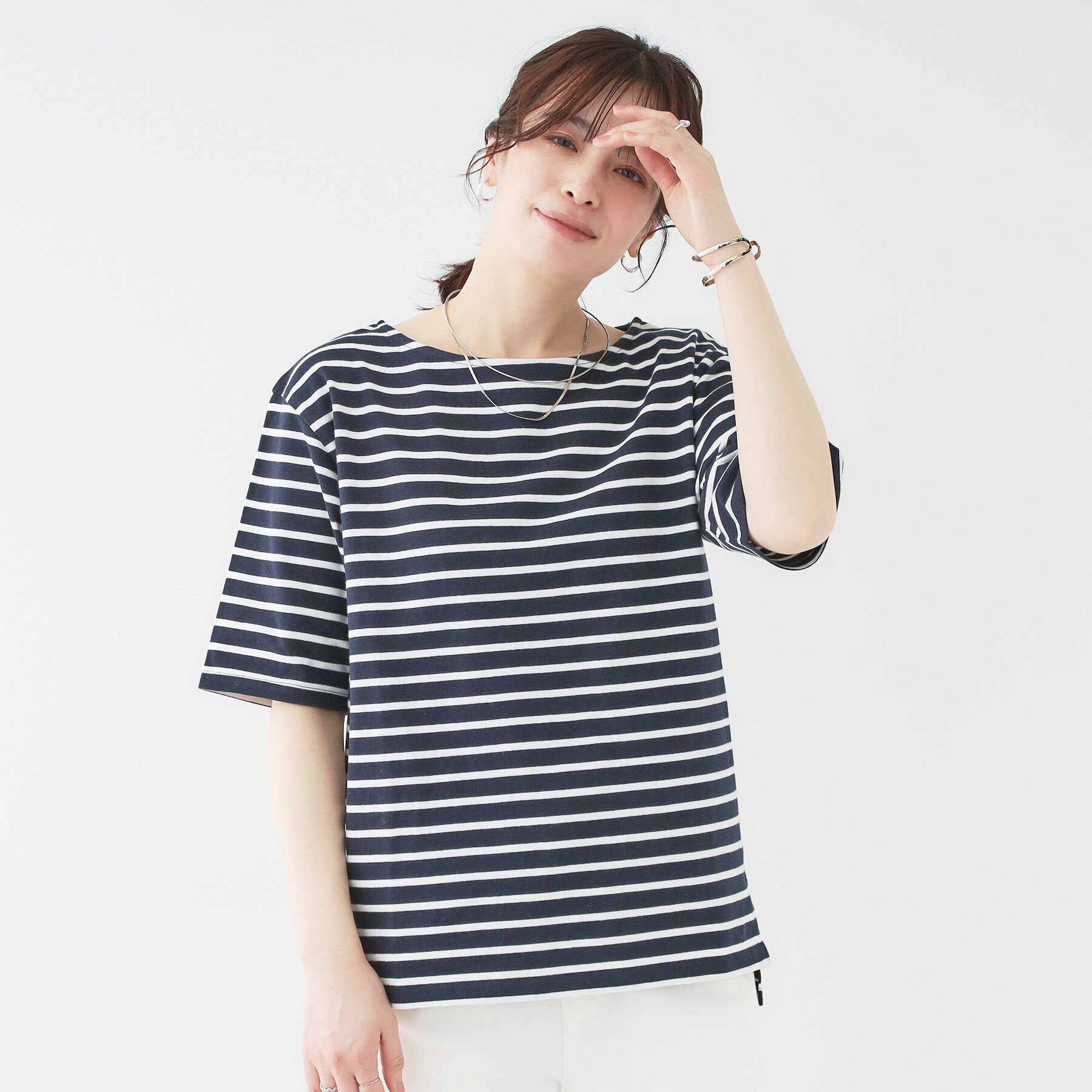 SHOO･LA･RUE「【洗える/S-LL/綿100％】5分袖ボートネックトップス」|Tシャツ・カットソー|