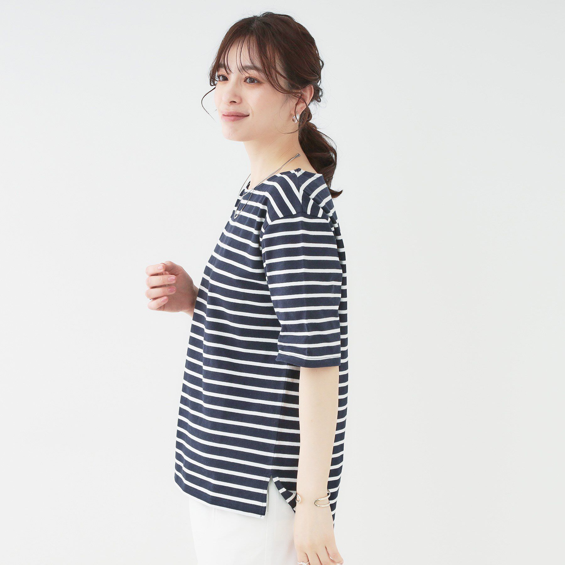 SHOO･LA･RUE「【洗える/S-LL/綿100％】5分袖ボートネックトップス」|Tシャツ・カットソー|