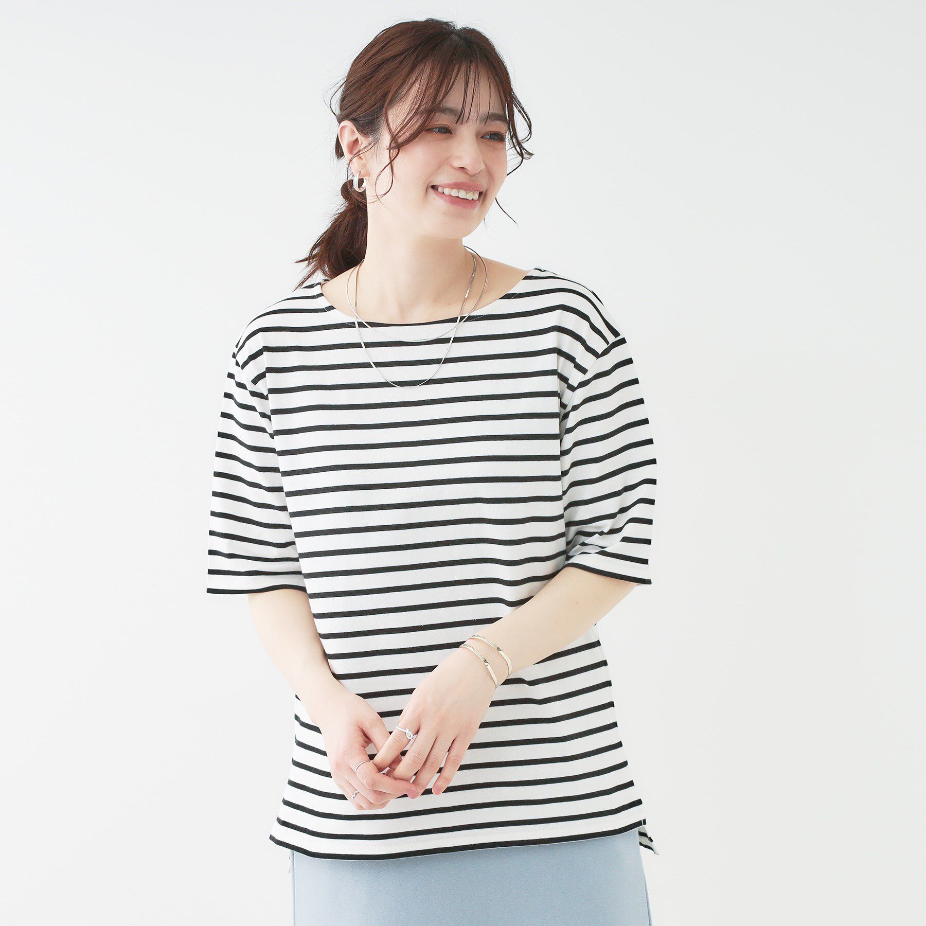 SHOO･LA･RUE「【洗える/S-LL/綿100％】5分袖ボートネックトップス」|Tシャツ・カットソー|