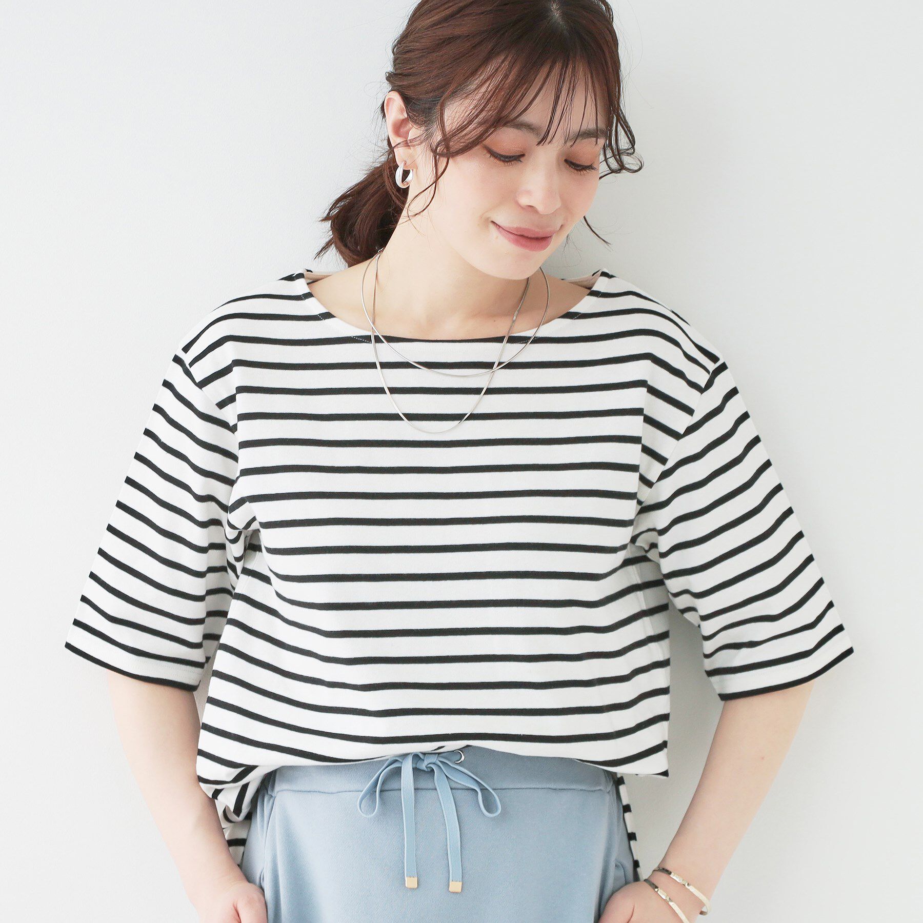 SHOO･LA･RUE「【洗える/S-LL/綿100％】5分袖ボートネックトップス」|Tシャツ・カットソー|ブラック(319)