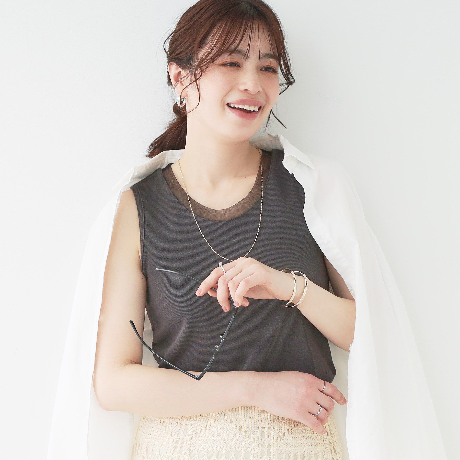 SHOO･LA･RUE「【洗える/S-LL】シアーネックがこなれ見え リブタンクトップ」|Tシャツ・カットソー|チャコールグレー(0