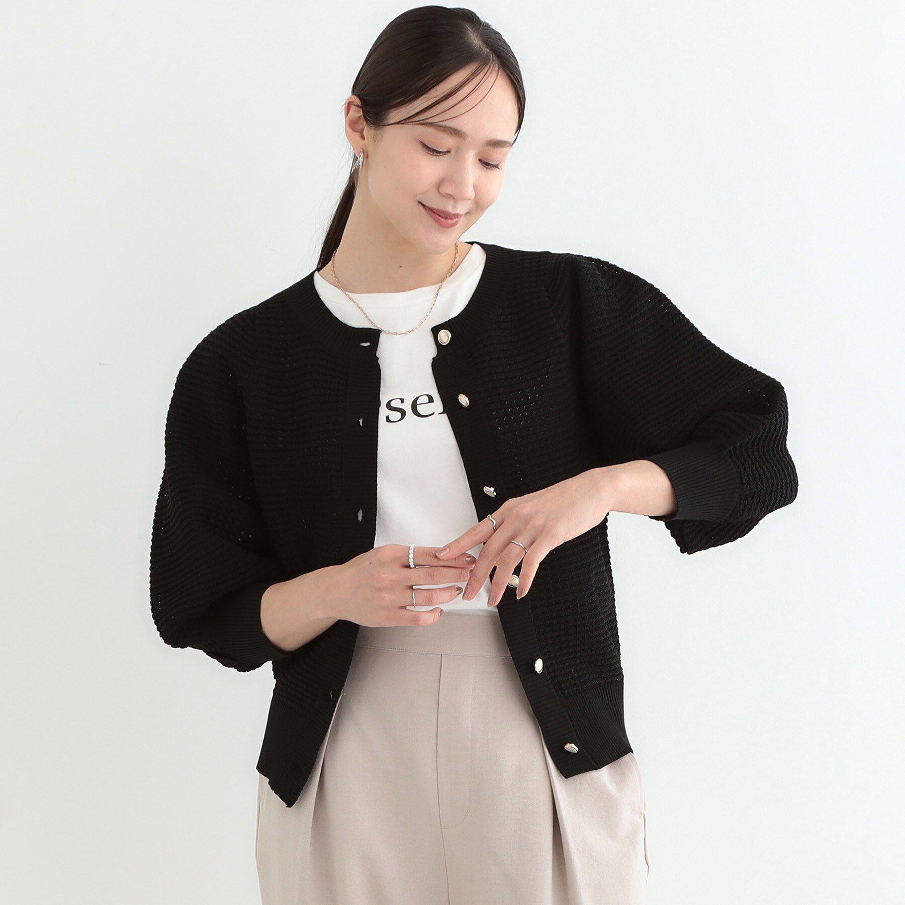 SHOO･LA･RUE「【S-LL】大人フェミニンな着こなしに 透かし編みニットカーディガン」|カーディガン|