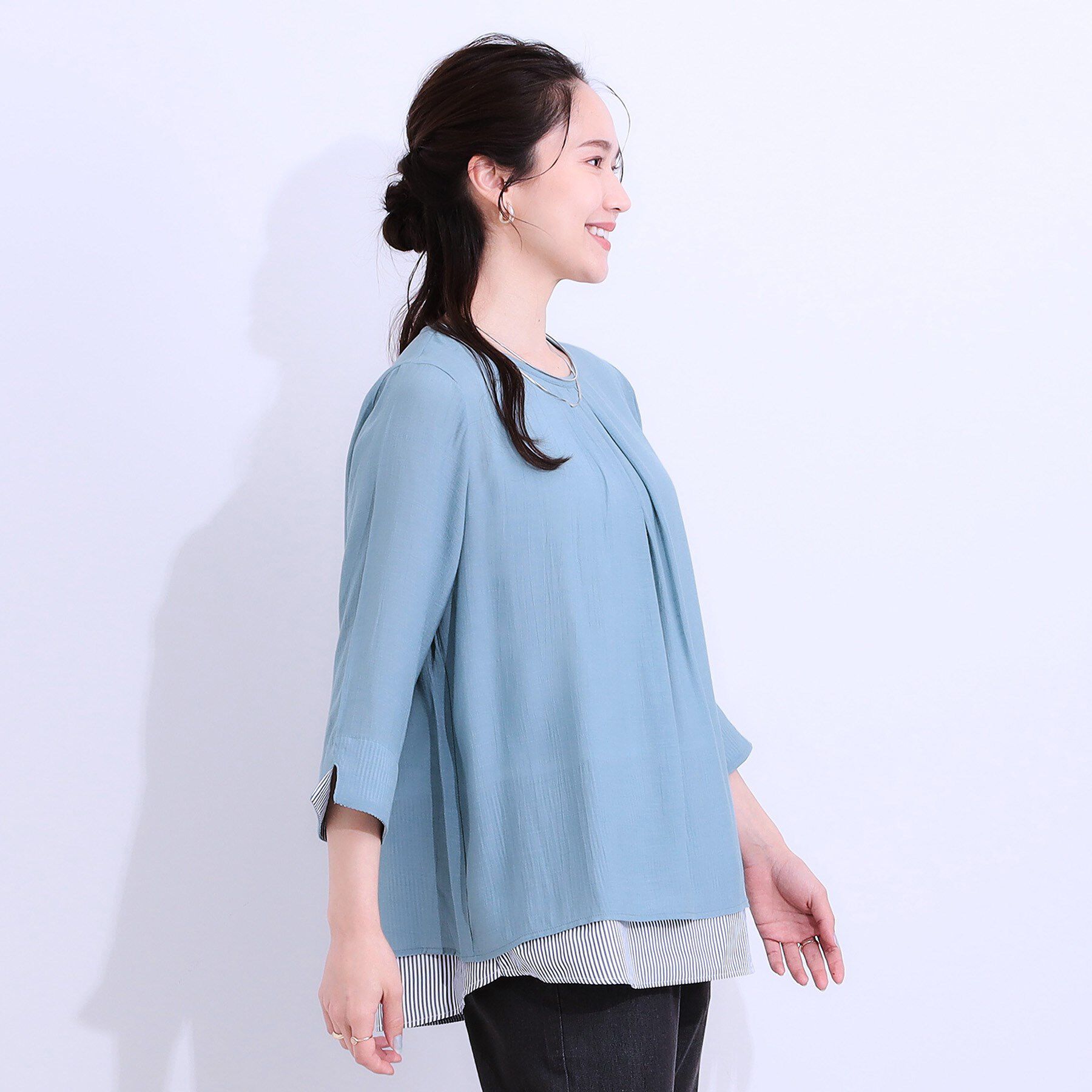 SHOO･LA･RUE「【洗える/S-LL】一枚でサマ見え お袖折り返し 裾レイヤードトップス」|Tシャツ・カットソー|