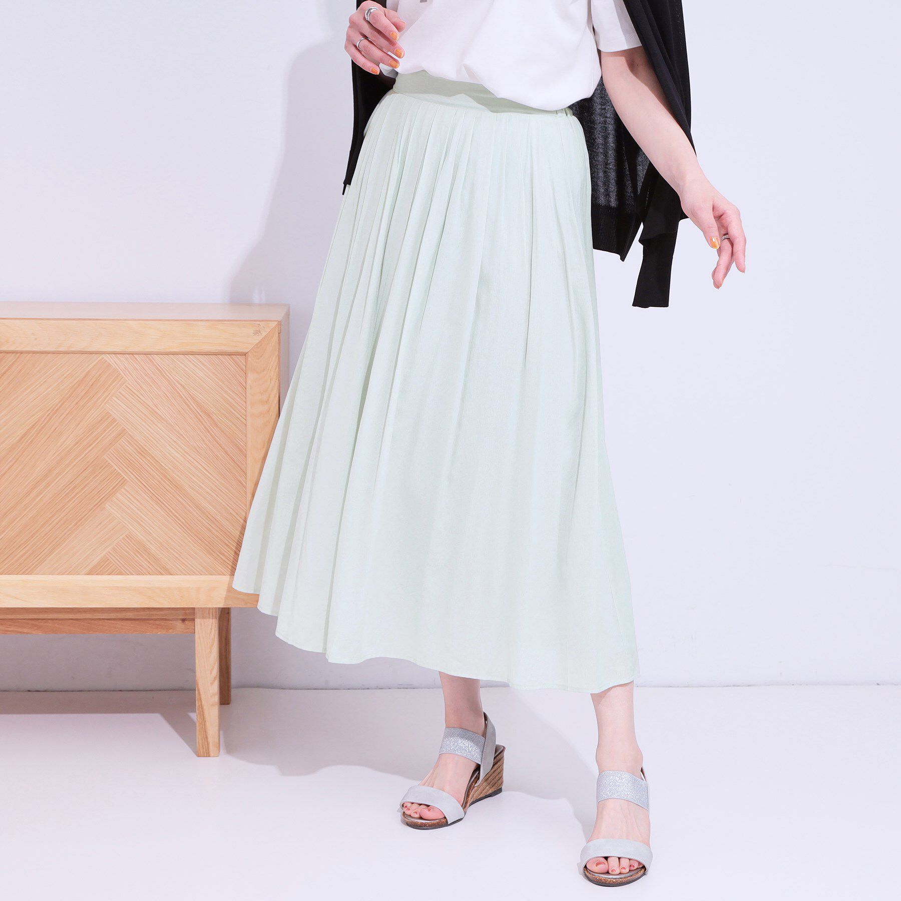 SHOO･LA･RUE「【S-LL/セットアップ可/ひんやり】ふんわりさらっと タックフレアスカート」|スカート|ミントグリーン(02