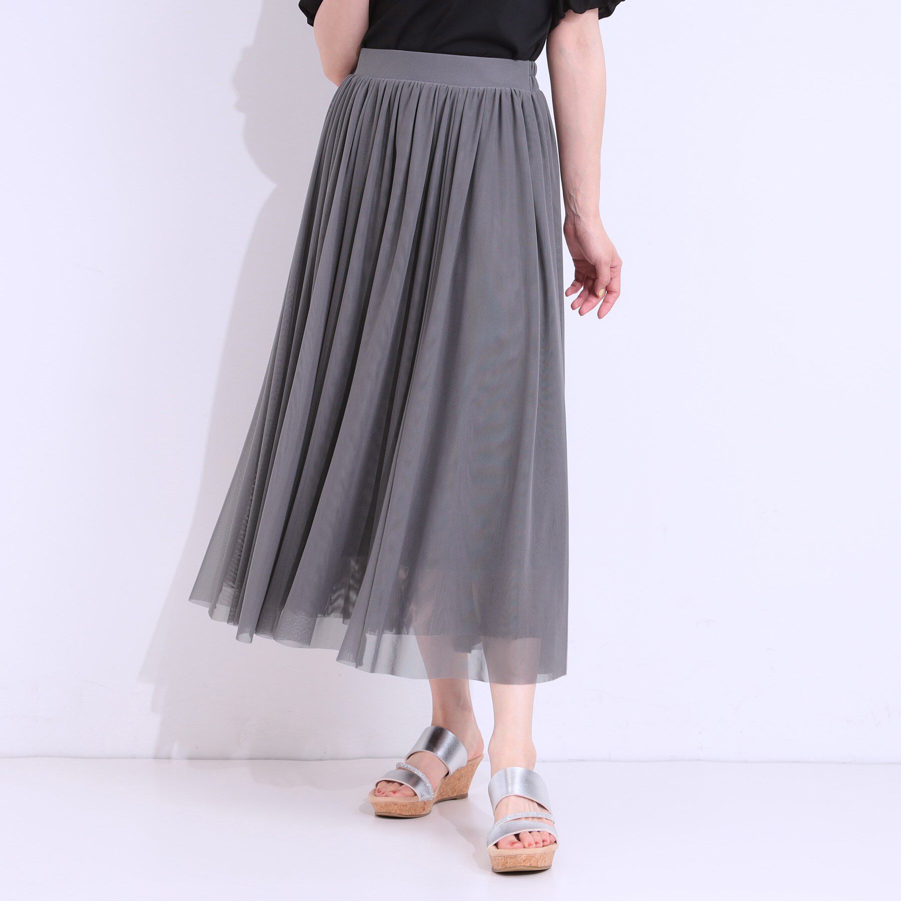 SHOO･LA･RUE「【S-LL】歩くたび揺れる姿が美しい とろみチュールスカート」|スカート|