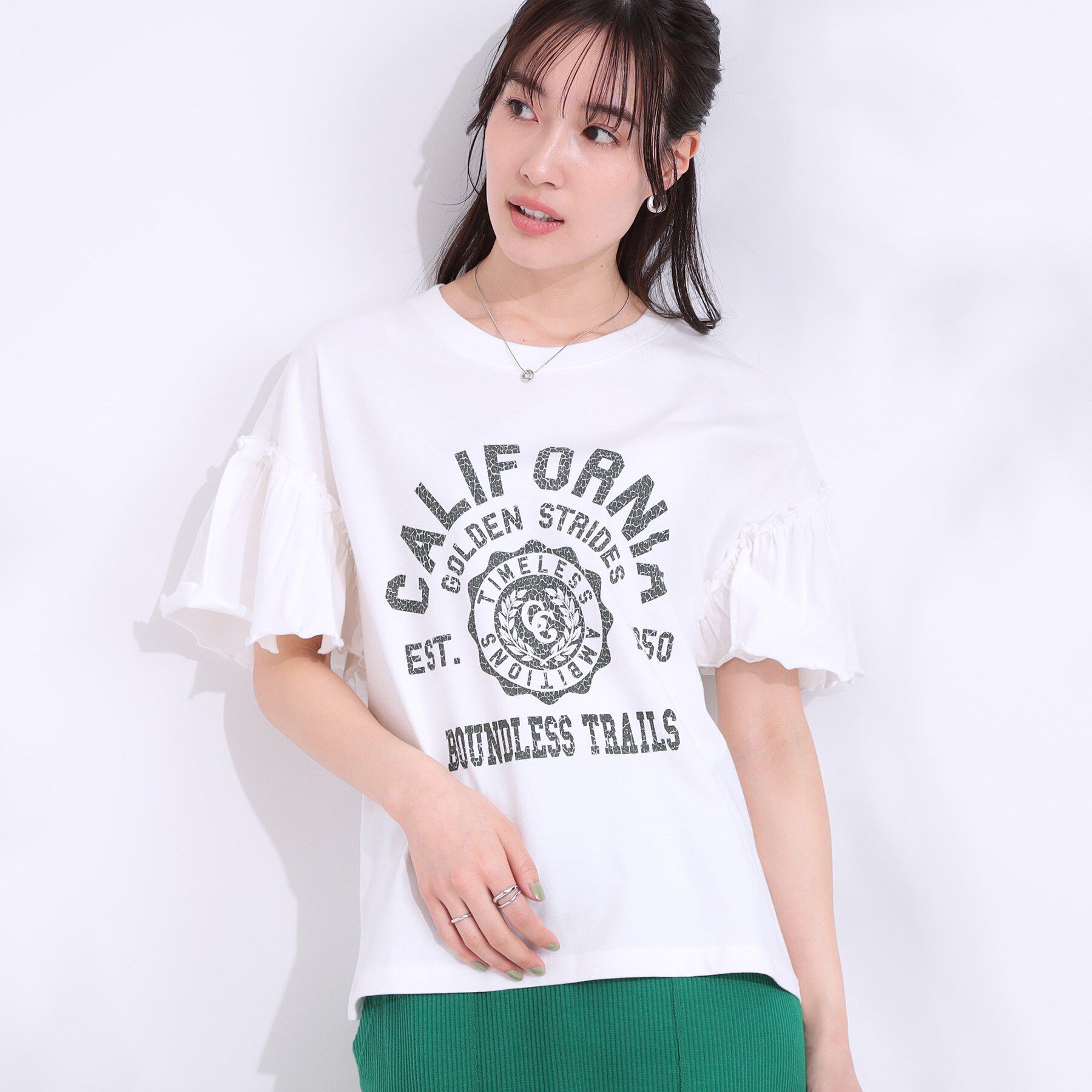 SHOO･LA･RUE「【洗える/S-LL】プリントアソート お袖フリルTシャツ」|Tシャツ・カットソー|ホワイト(101)