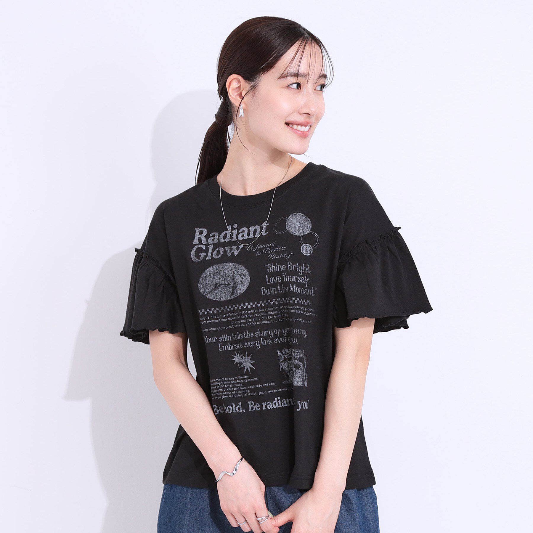 SHOO･LA･RUE「【洗える/S-LL】プリントアソート お袖フリルTシャツ」|Tシャツ・カットソー|