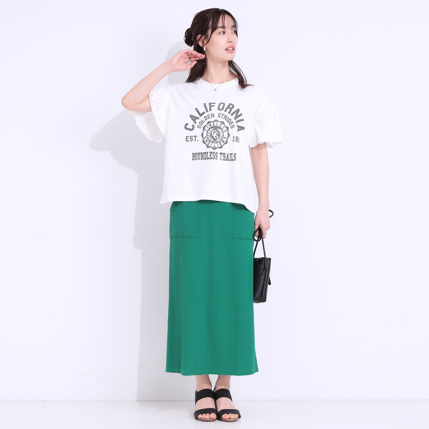 SHOO･LA･RUE「【洗える/S-LL】プリントアソート お袖フリルTシャツ」|Tシャツ・カットソー|