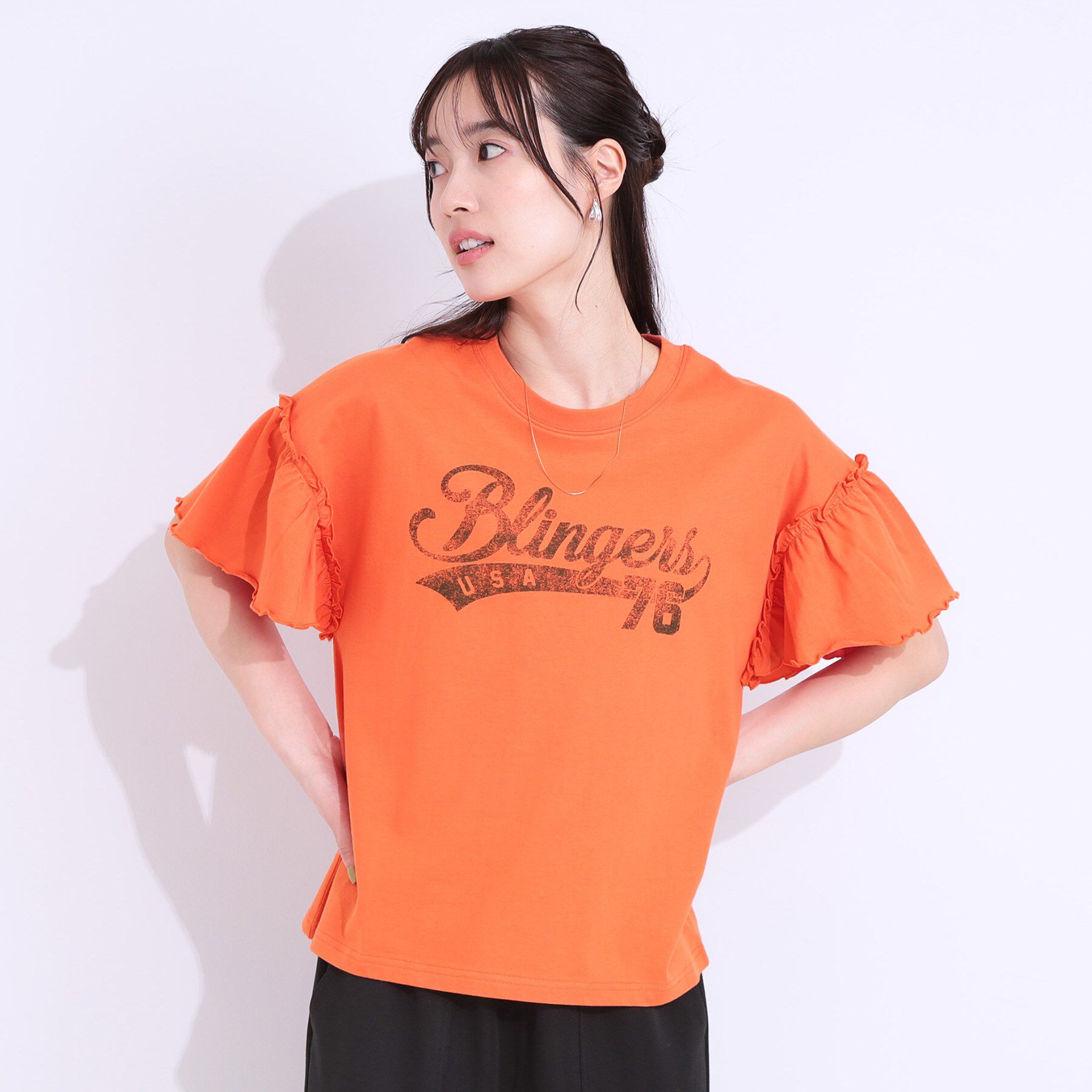 SHOO･LA･RUE「【洗える/S-LL】プリントアソート お袖フリルTシャツ」|Tシャツ・カットソー|