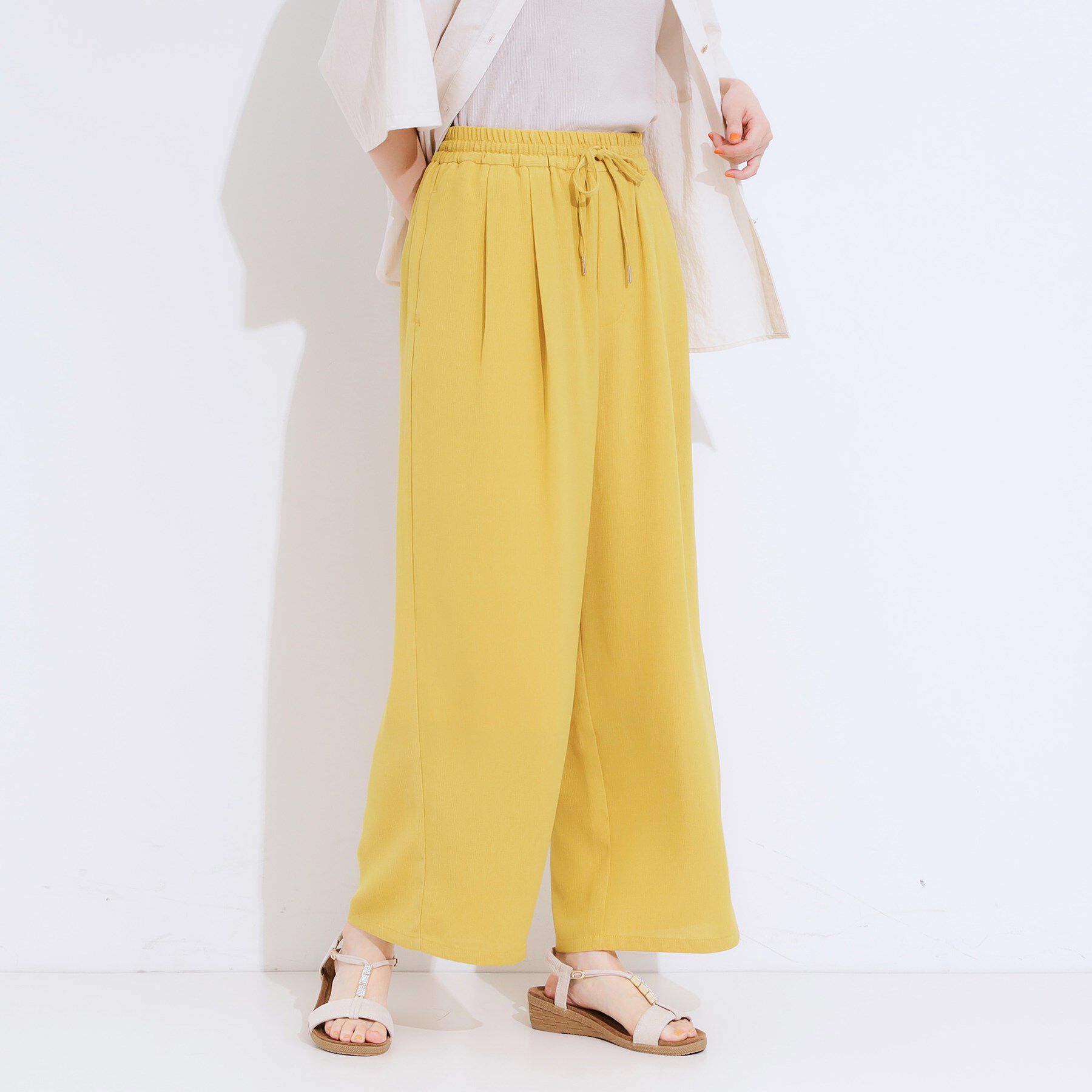SHOO･LA･RUE「【S-LL/ひんやり】さらりと涼やか イージーワイドパンツ」|その他|イエロー(032)