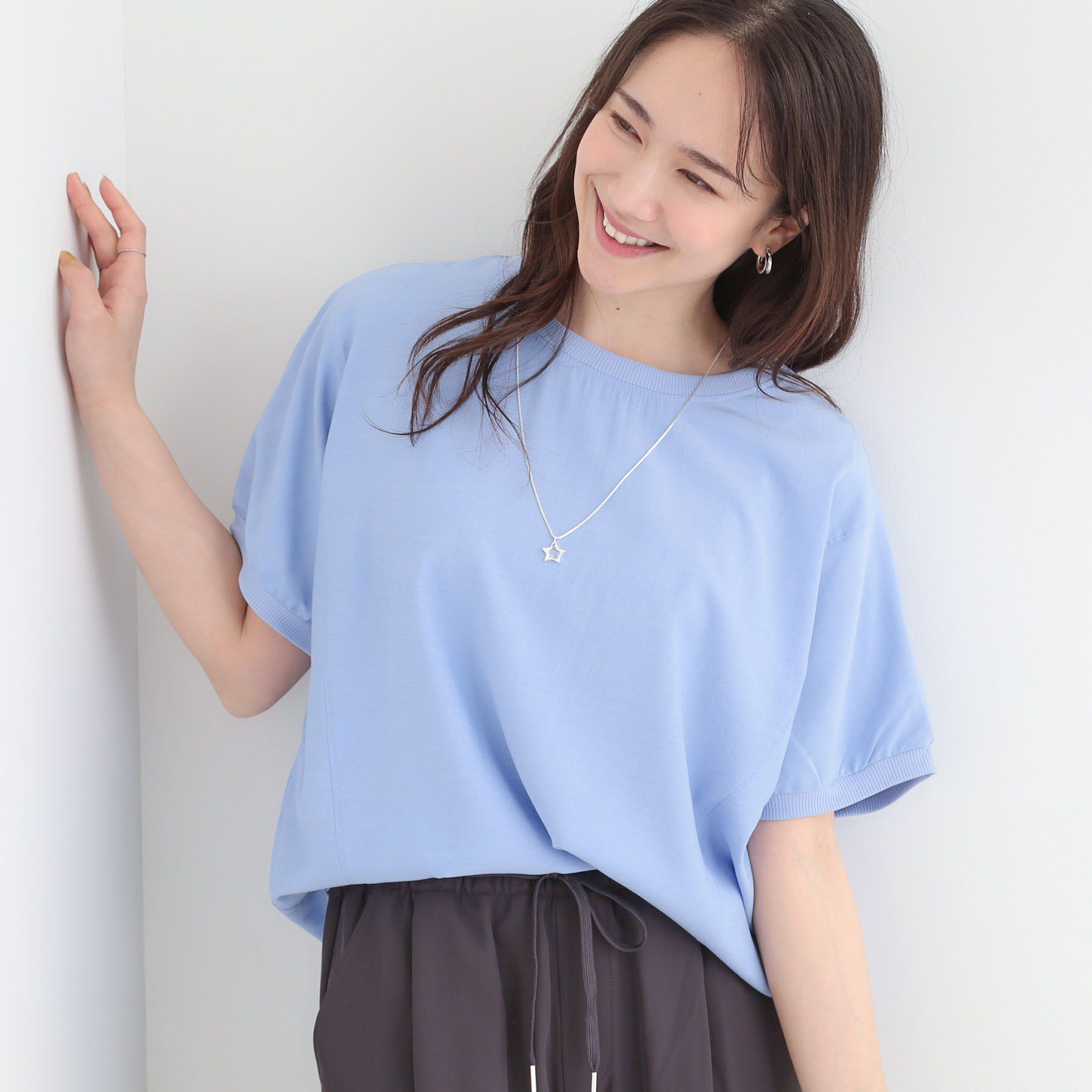 SHOO･LA･RUE「【ひんやり/洗濯後しわになりにくい】リブ切り替えドルマンブラウス」|シャツ・ブラウス|ブルー(092)