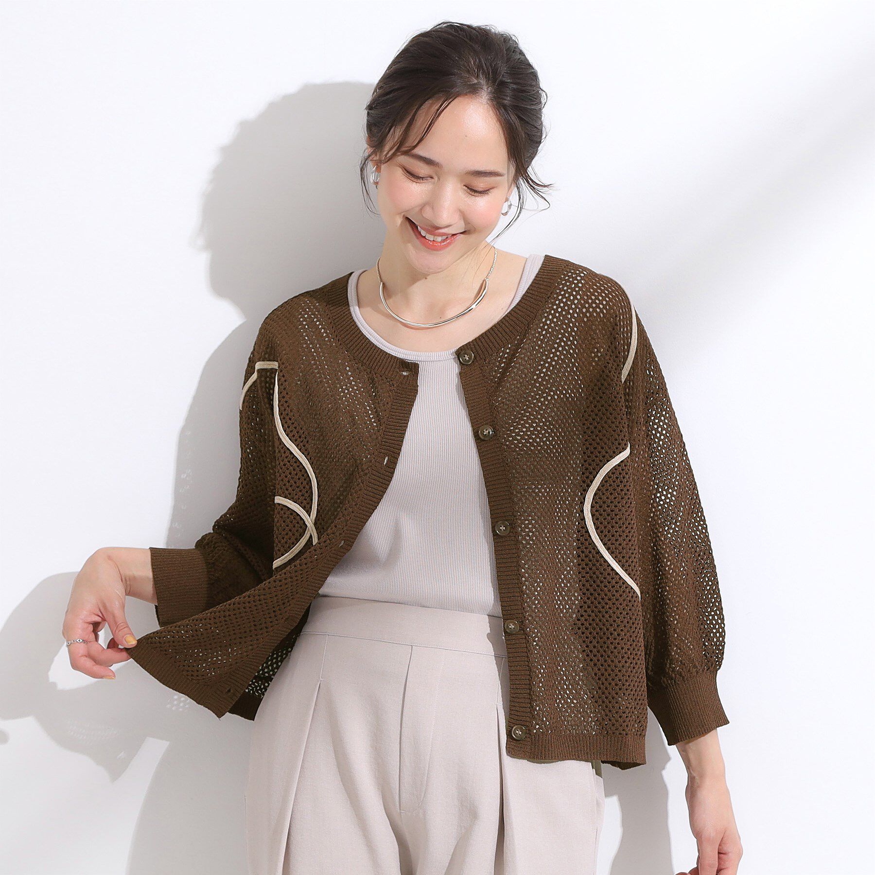 SHOO･LA･RUE「【前後2WAY/S-LL】にょろにょろ刺繍メッシュカーディガン」|カーディガン|