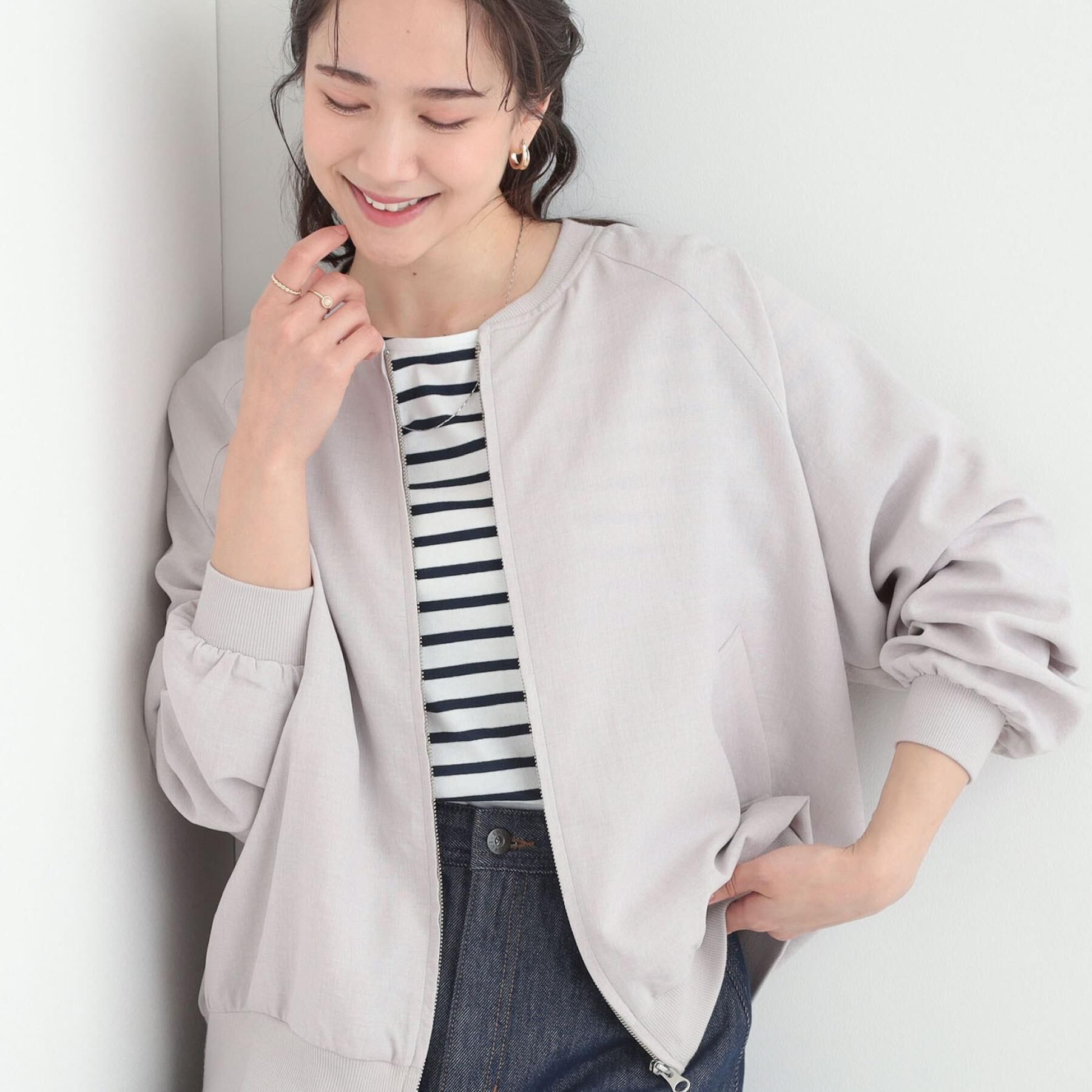 SHOO･LA･RUE「【洗濯機可/S-LL】さらっと快適　麻調ゆるリブブルゾン」|ブルゾン・スタジャン|ライトグレー(011