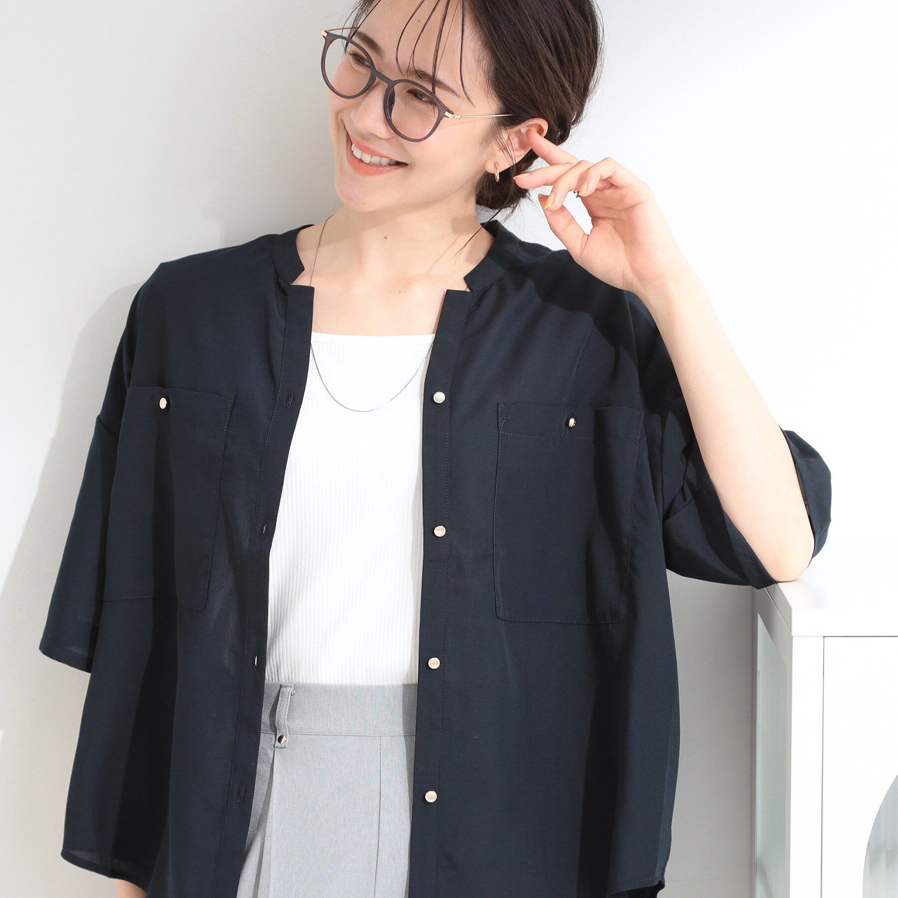 SHOO･LA･RUE「金ボタンビックポケットシャツ」|シャツ・ブラウス|ネイビー(094)