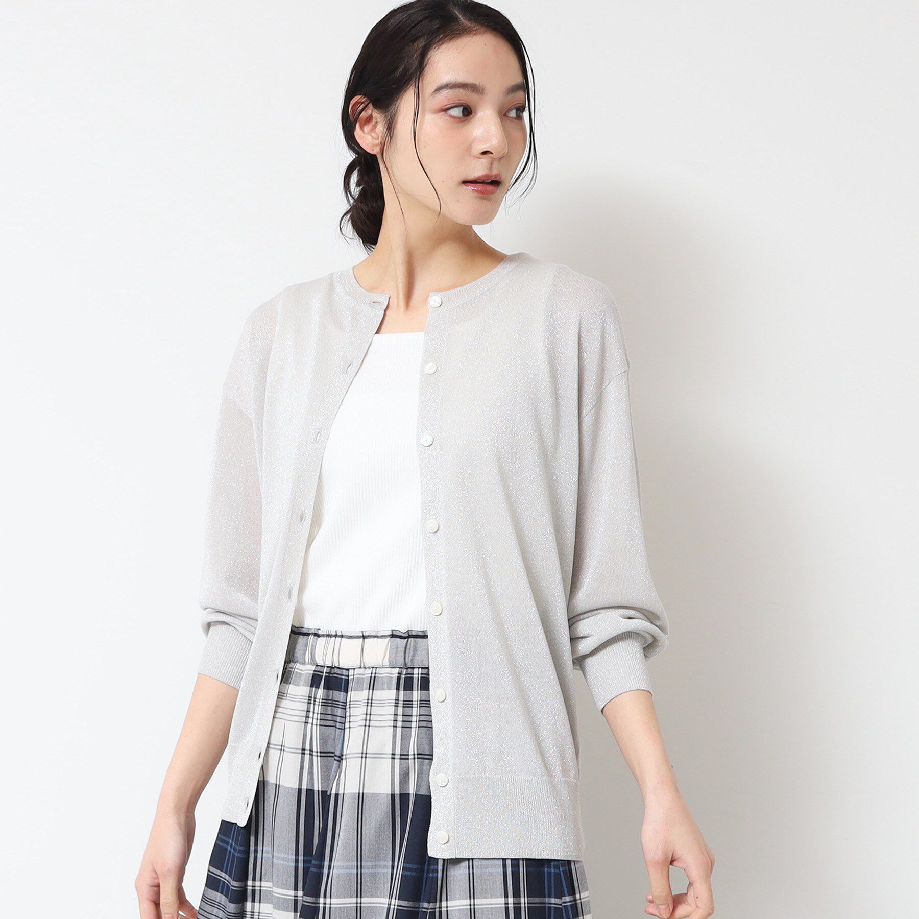 Dessin「【洗える】クルーネックミドル丈ラメカーディガン（S～L）」|カーディガン|ライトグレー(011