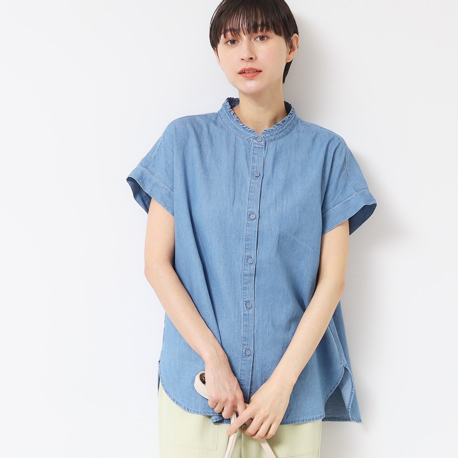 Dessin「【洗える】リネンブレンドデニムフリルシャツ」|シャツ・ブラウス|