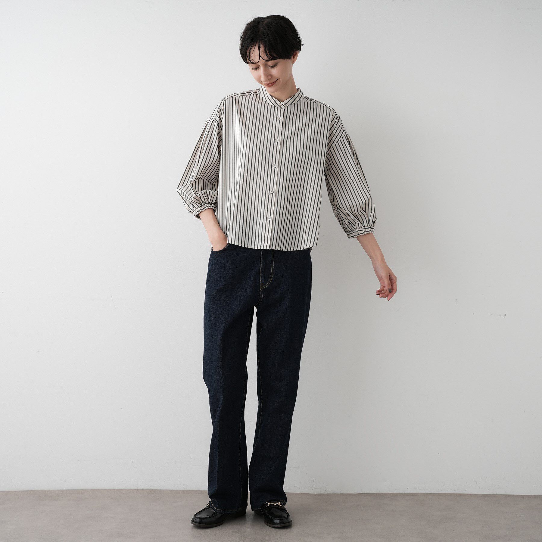 Dessin「【洗える】ストライプギャザー袖ブラウス」|シャツ・ブラウス|