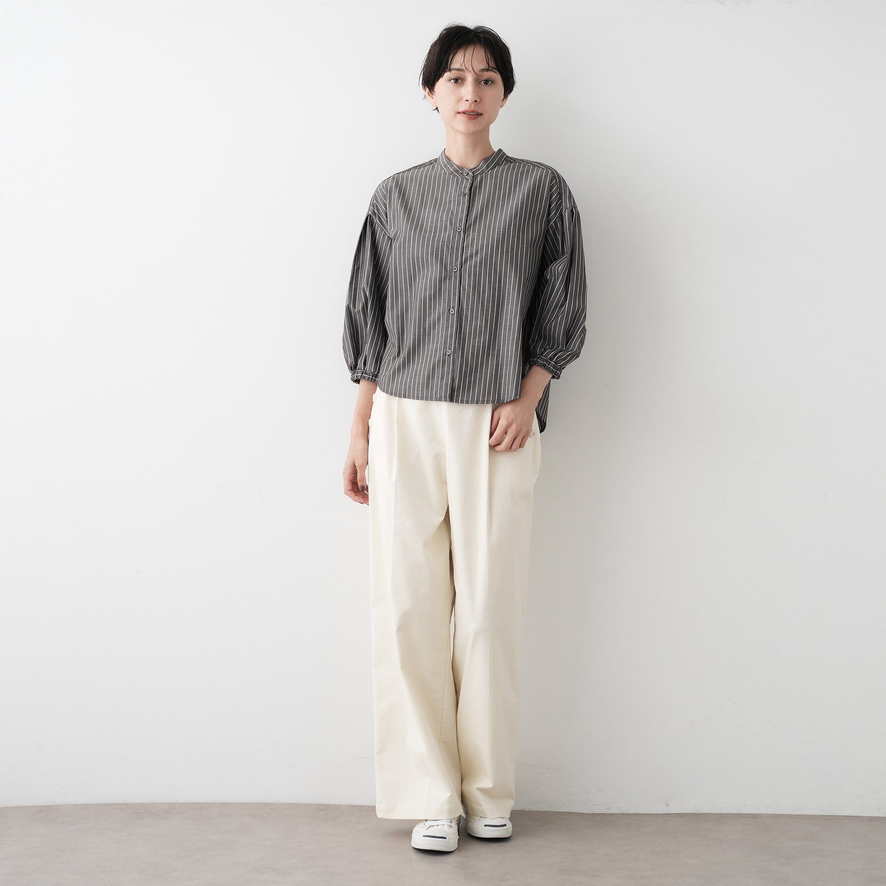 Dessin「【洗える】ストライプギャザー袖ブラウス」|シャツ・ブラウス|