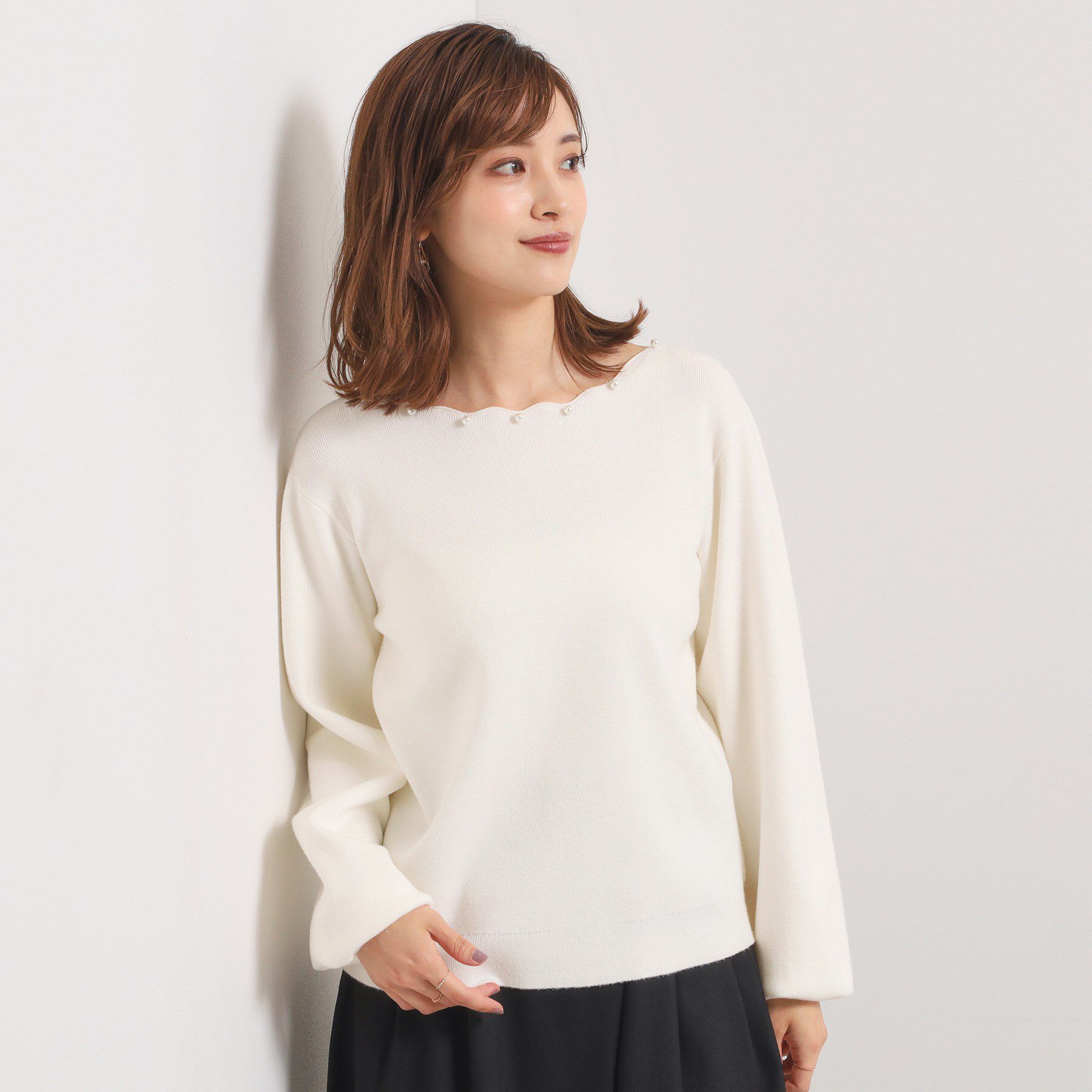 ITS&rsquo;DEMO「【手洗い可】スカラップパール調ラメニット」|ニット・セーター|オフホワイト(003