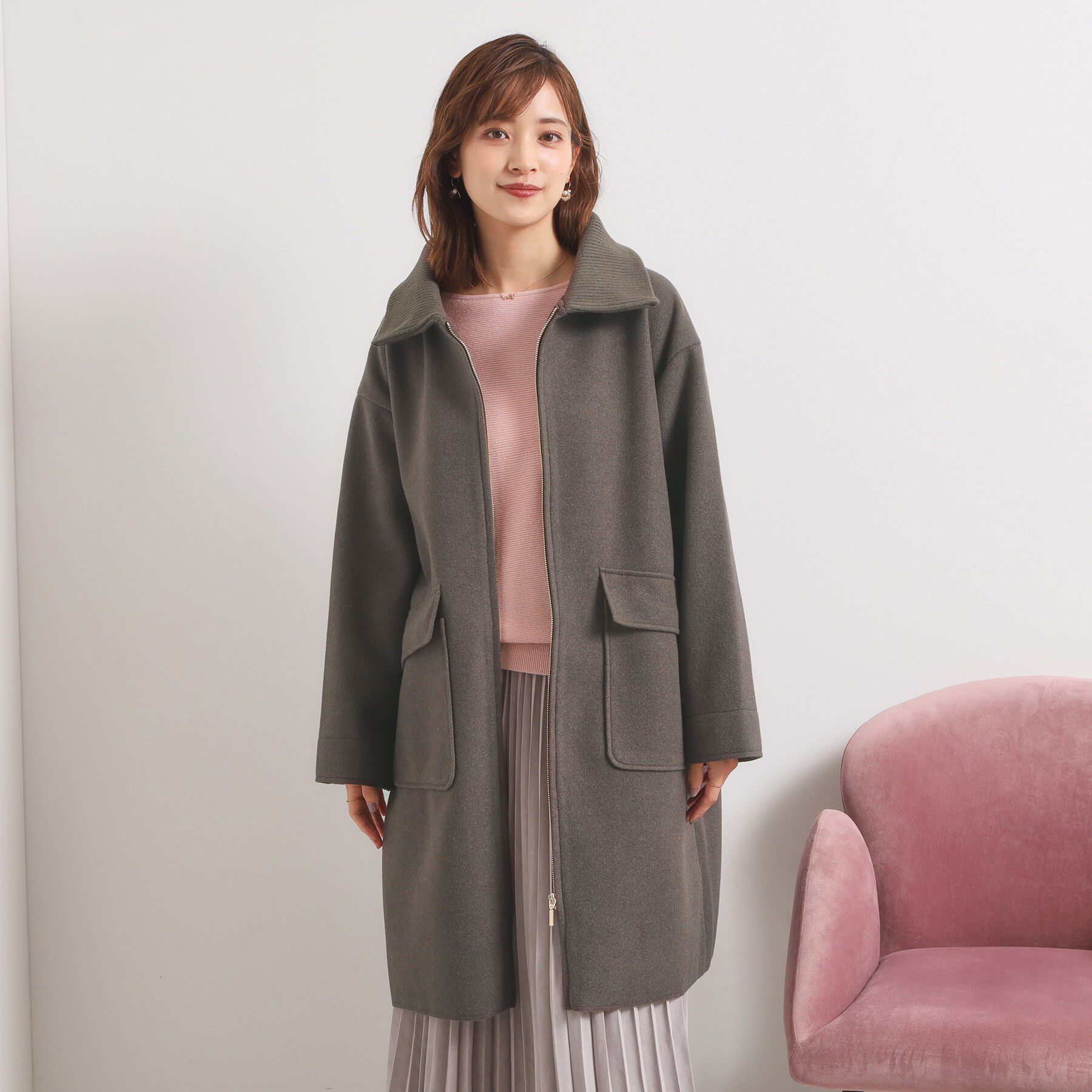 ITS&rsquo;DEMO「裏リブ襟付きコート」|ステンカラーコート|ブラウン(044)