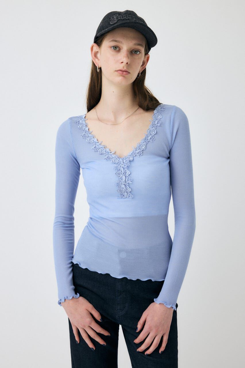 MOUSSY「LACE TRIM ロングスリーブ TEE」|Tシャツ・カットソー|L/BLU1