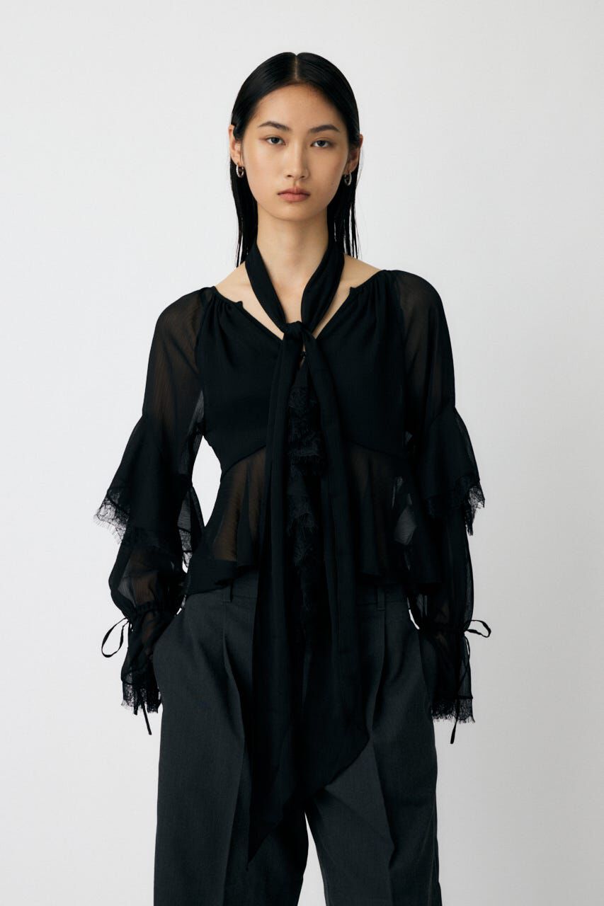 MOUSSY「LACE TRIM TIE ブラウス」|シャツ・ブラウス|BLK