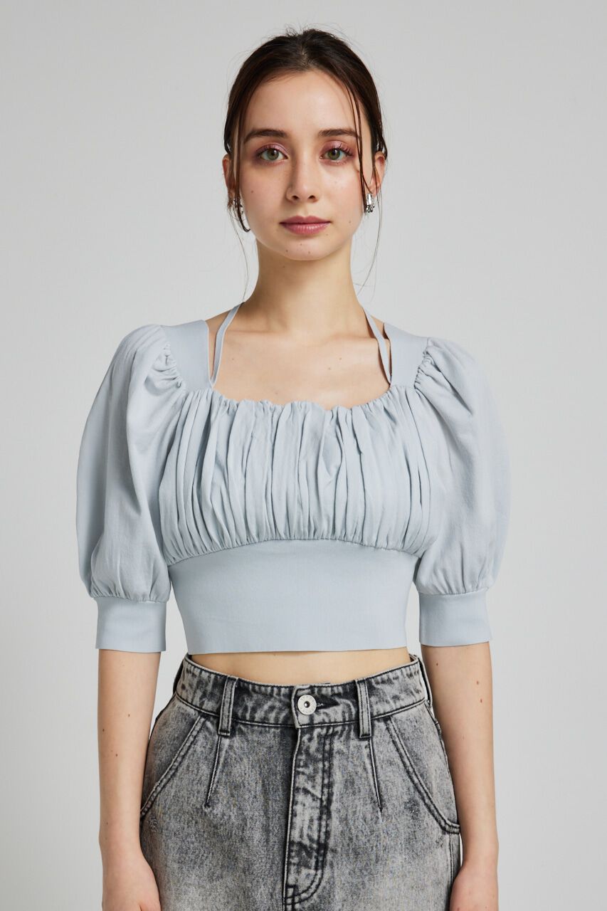 rienda「バストギャザークロップハーフSLV Knit TOP」|ニット・セーター|