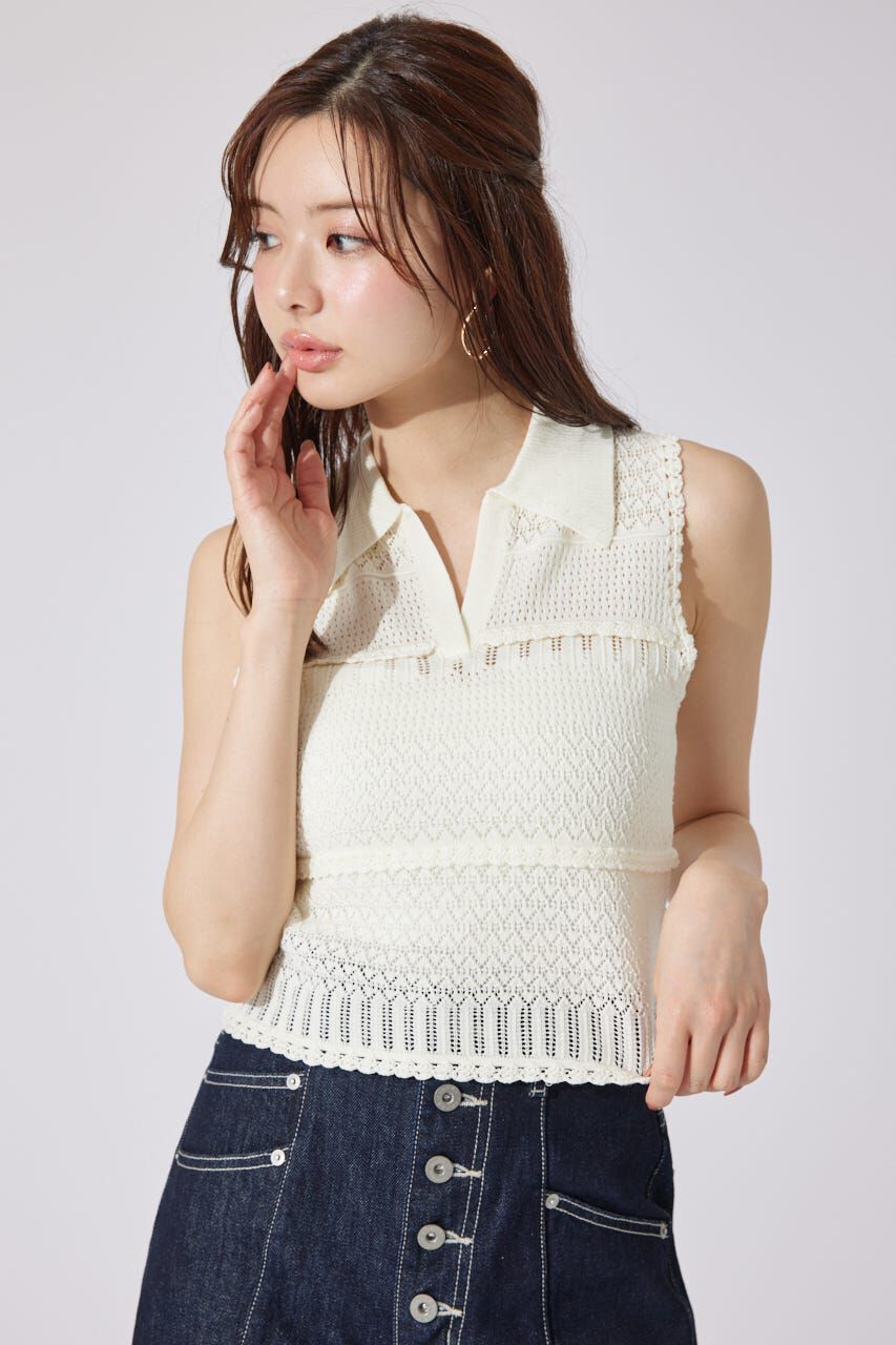 rienda「スキッパークロシェニットトップス」|シャツ・ブラウス|