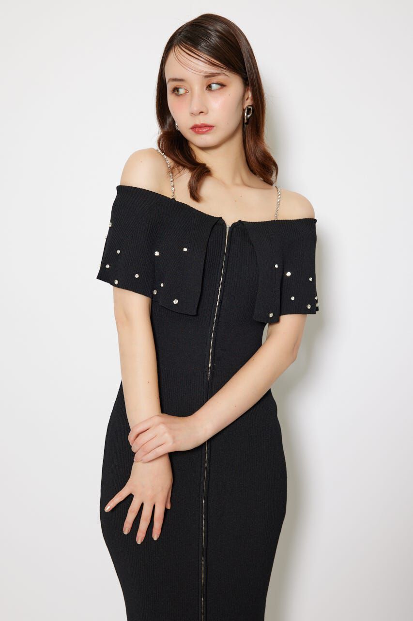 rienda「2WAYオフショルビジューカラーハーフスリーブニットワンピース」|ワンピース|