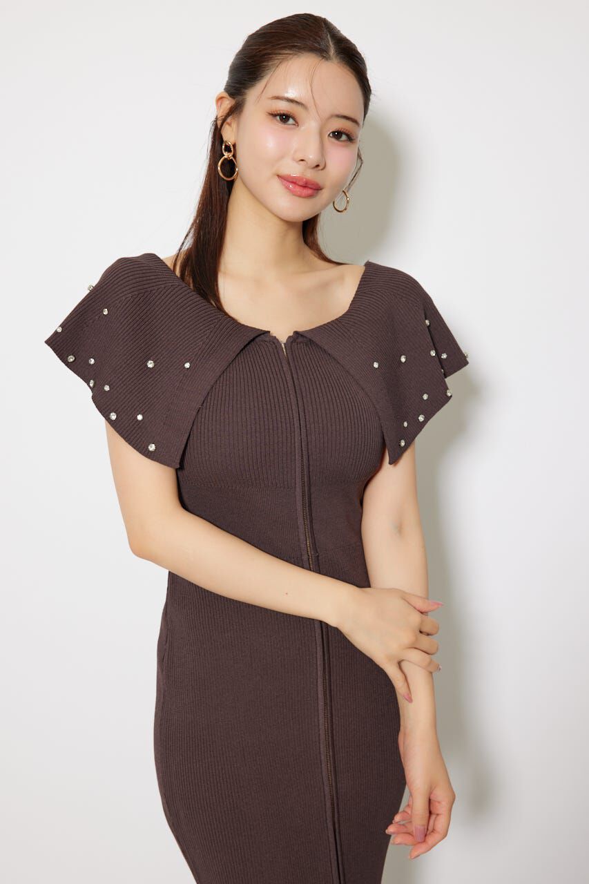 rienda「2WAYオフショルビジューカラーハーフスリーブニットワンピース」|ワンピース|