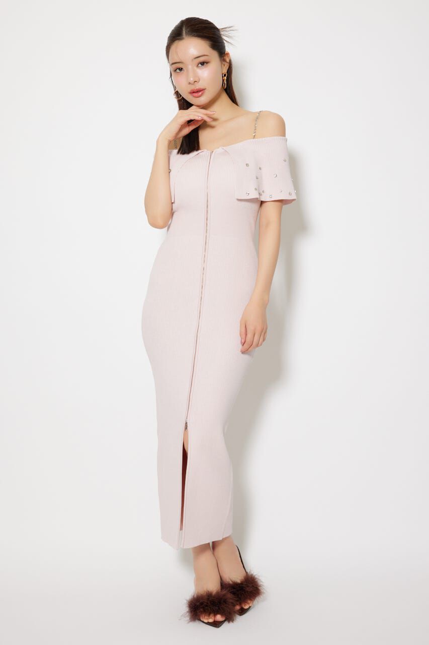 rienda「2WAYオフショルビジューカラーハーフスリーブニットワンピース」|ワンピース|