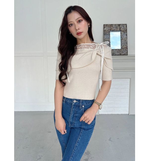 MERCURYDUO「レース切替オフショルニットトップス」|ニット・セーター|