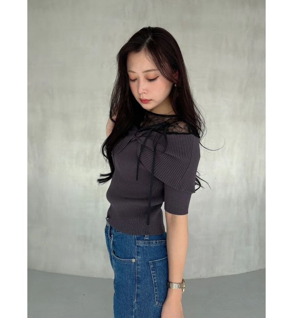 MERCURYDUO「レース切替オフショルニットトップス」|ニット・セーター|