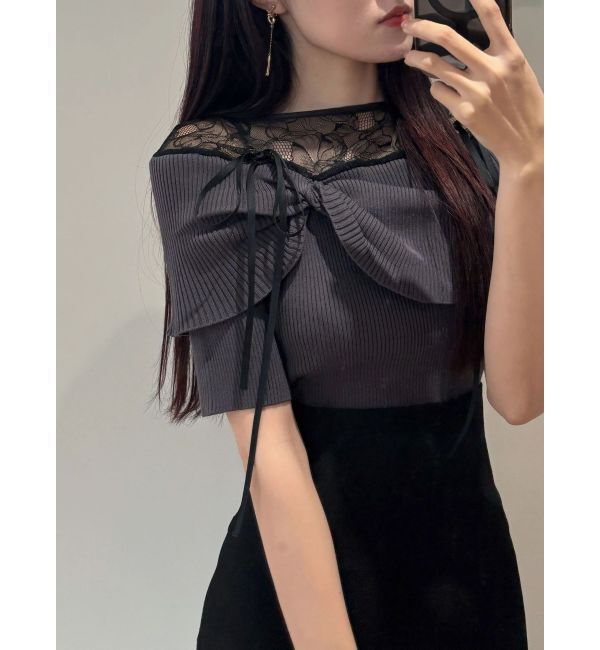 MERCURYDUO「レース切替オフショルニットトップス」|ニット・セーター|