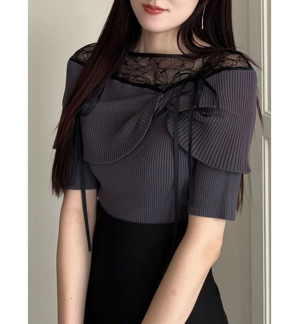 MERCURYDUO「レース切替オフショルニットトップス」|ニット・セーター|チャコールグレー