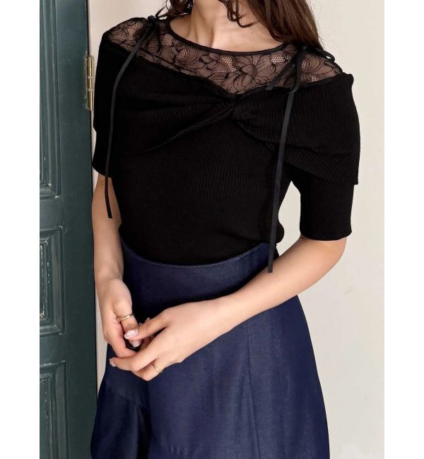 MERCURYDUO「レース切替オフショルニットトップス」|ニット・セーター|ブラック