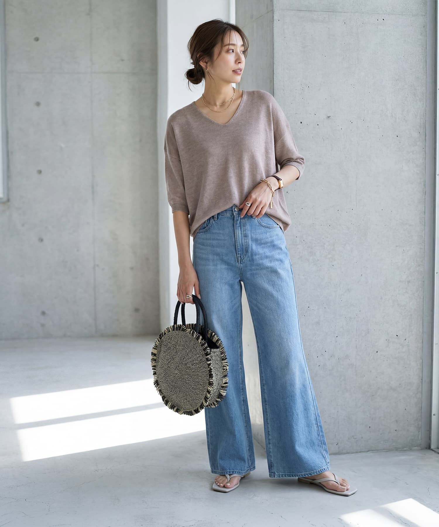 STYLE DELI「リネン混シアー編み５分袖Vネックニット」|ニット・セーター|