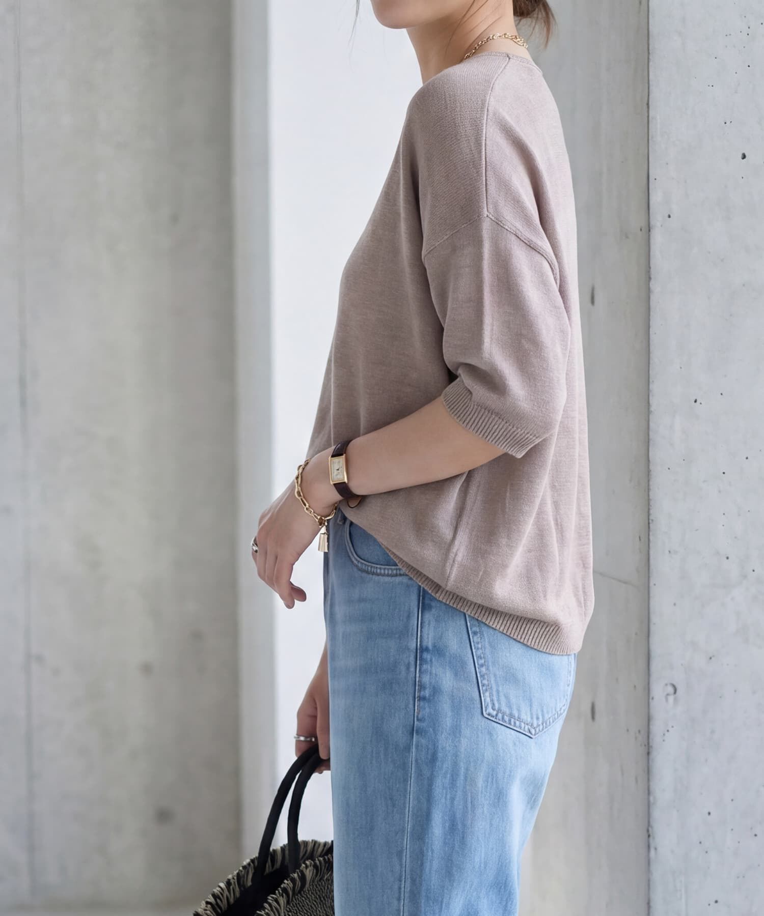 STYLE DELI「リネン混シアー編み５分袖Vネックニット」|ニット・セーター|