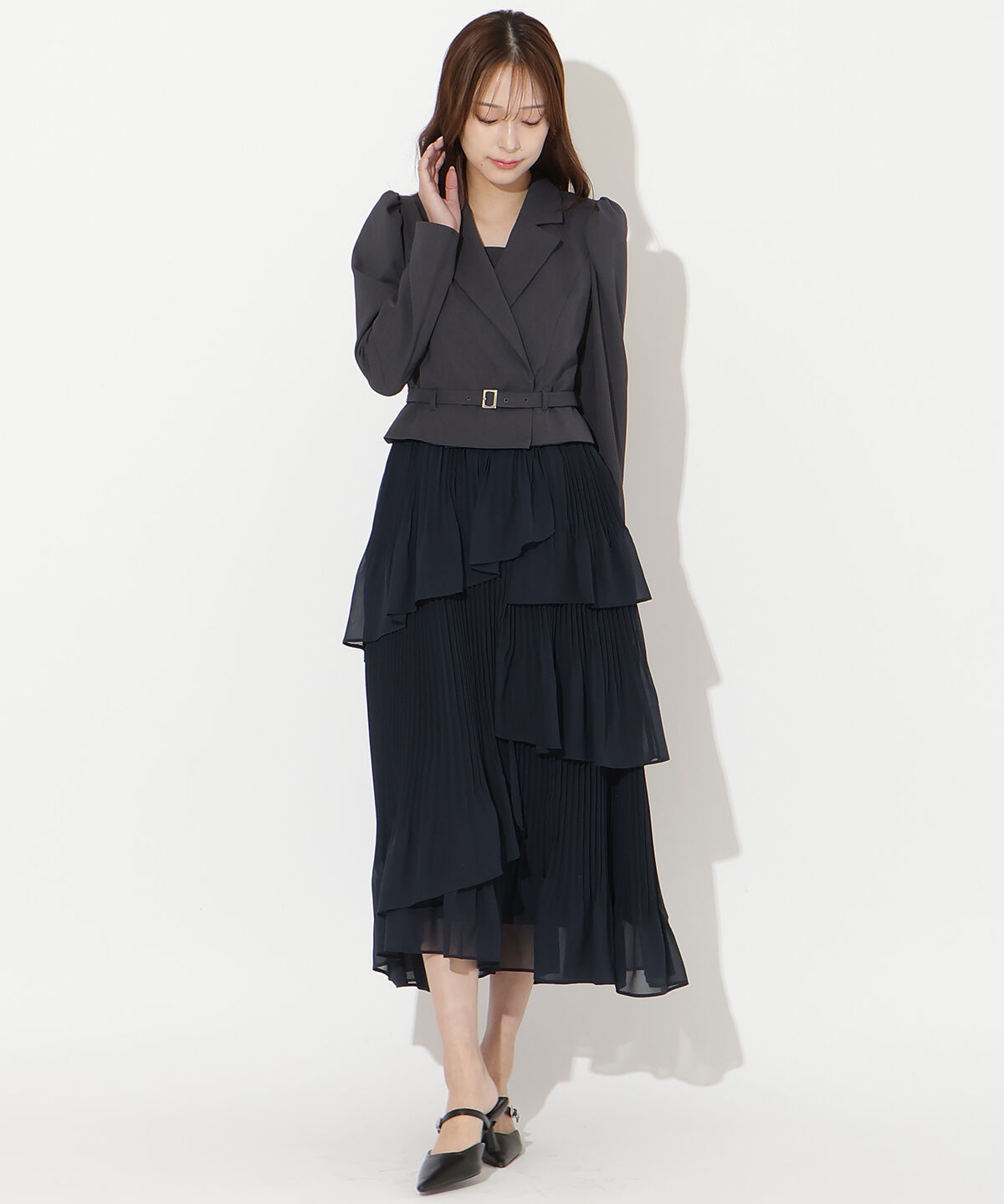 アンドクチュール「ジャケットレイヤードプリーツワンピース」|ワンピース|