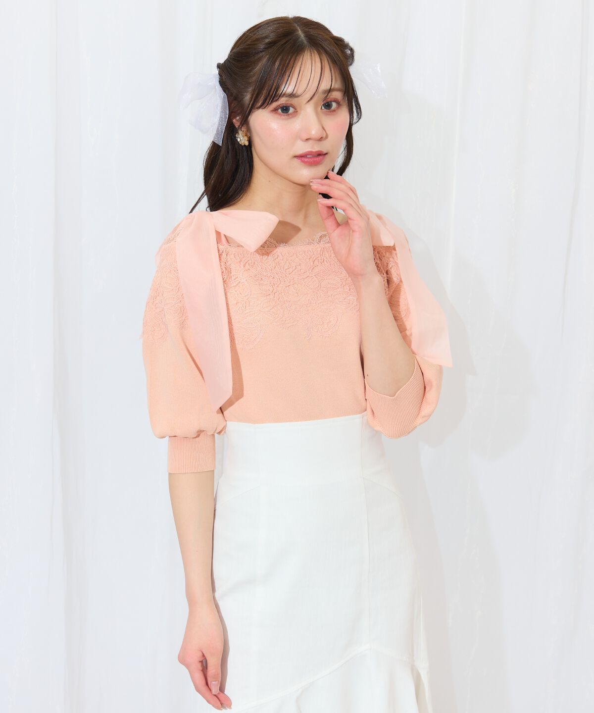 WILLSELECTION「レーストリミング肩リボンニット」|ニット・セーター|