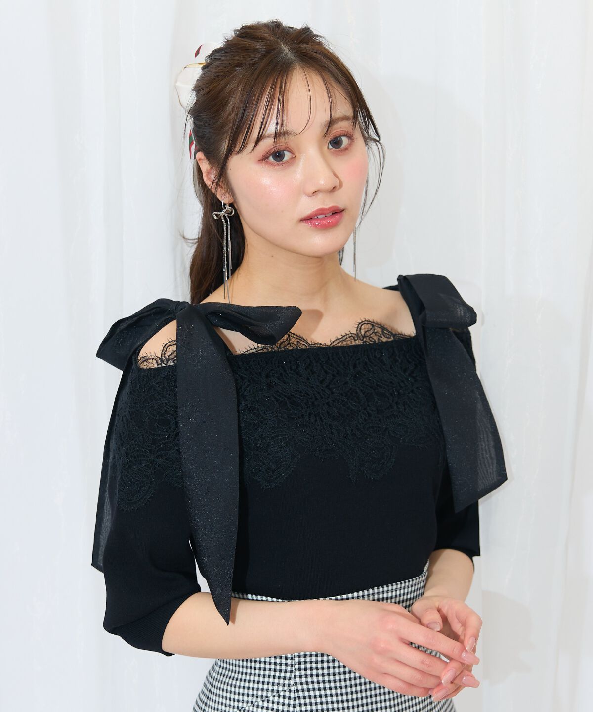 WILLSELECTION「レーストリミング肩リボンニット」|ニット・セーター|ブラック