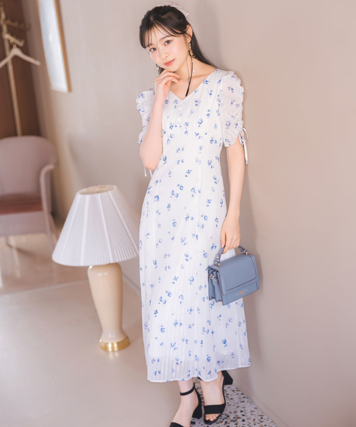 WILLSELECTION「フルールプリントギャザースリーブワンピース」|ワンピース|紺系花柄