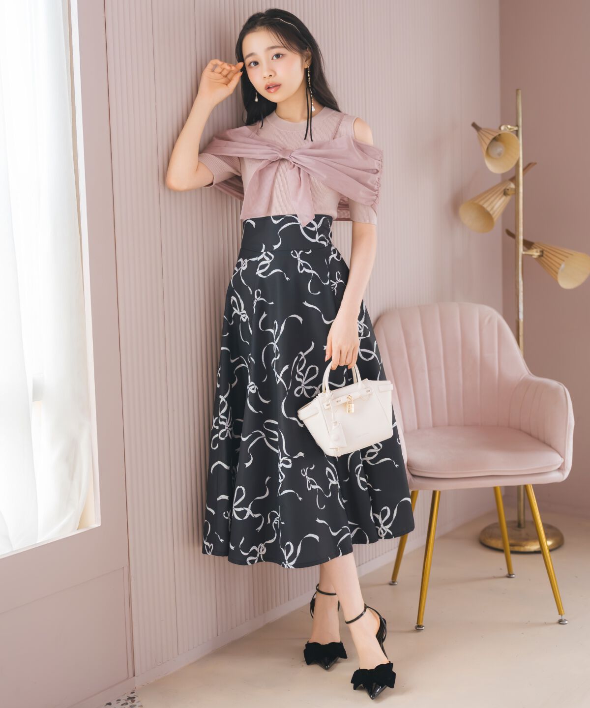 WILLSELECTION「リボンプリントフレアスカート」|フレア|