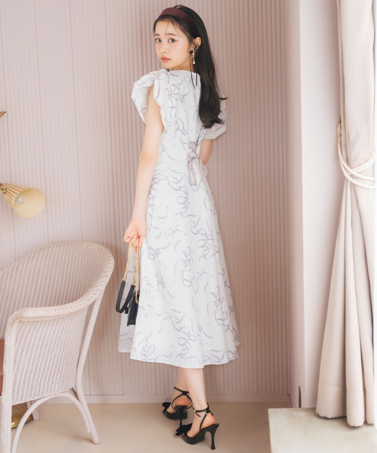 WILLSELECTION「リボンプリントバブルスリーブフレアワンピース」|ワンピース|