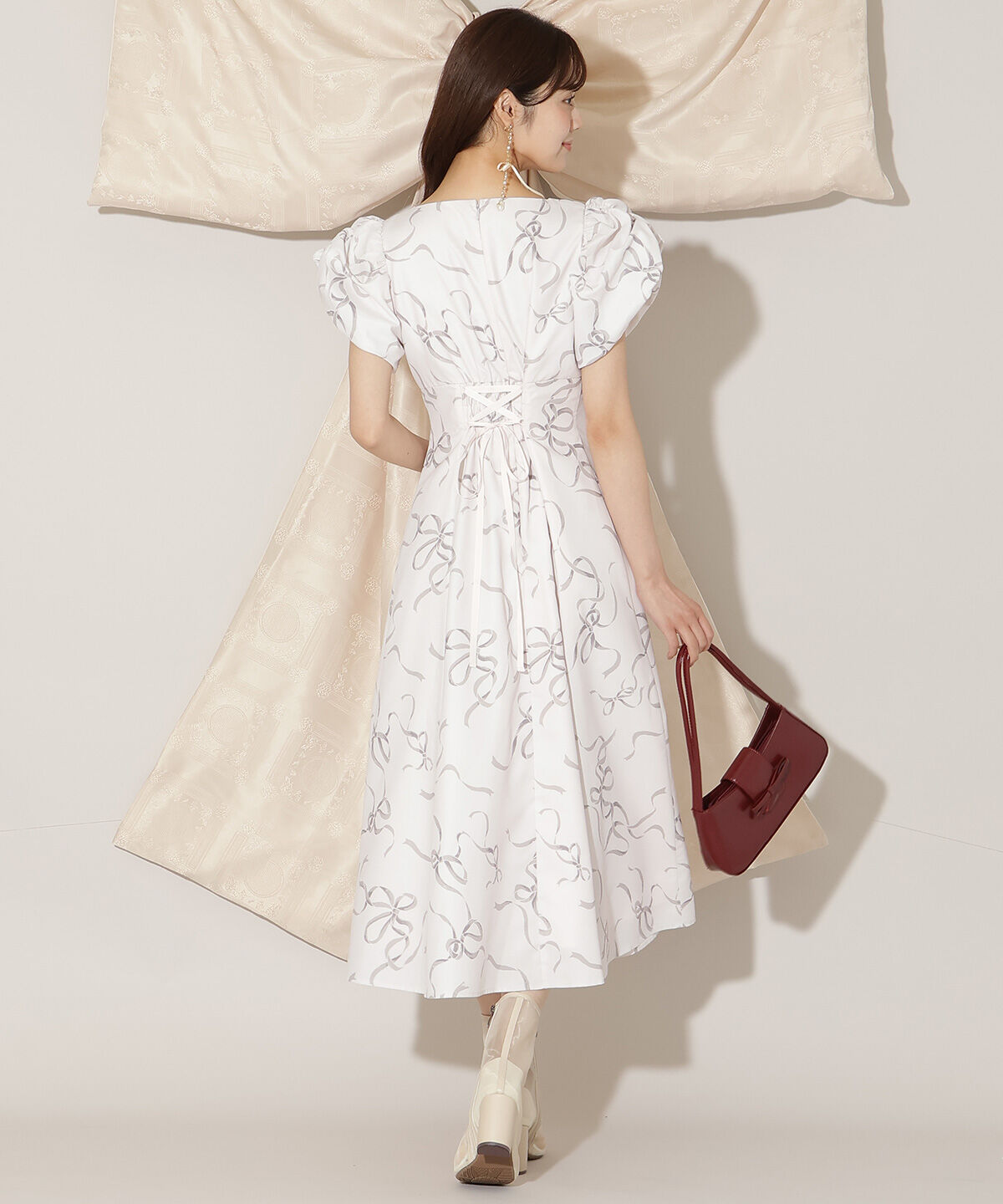 WILLSELECTION「リボンプリントバブルスリーブフレアワンピース」|ワンピース|